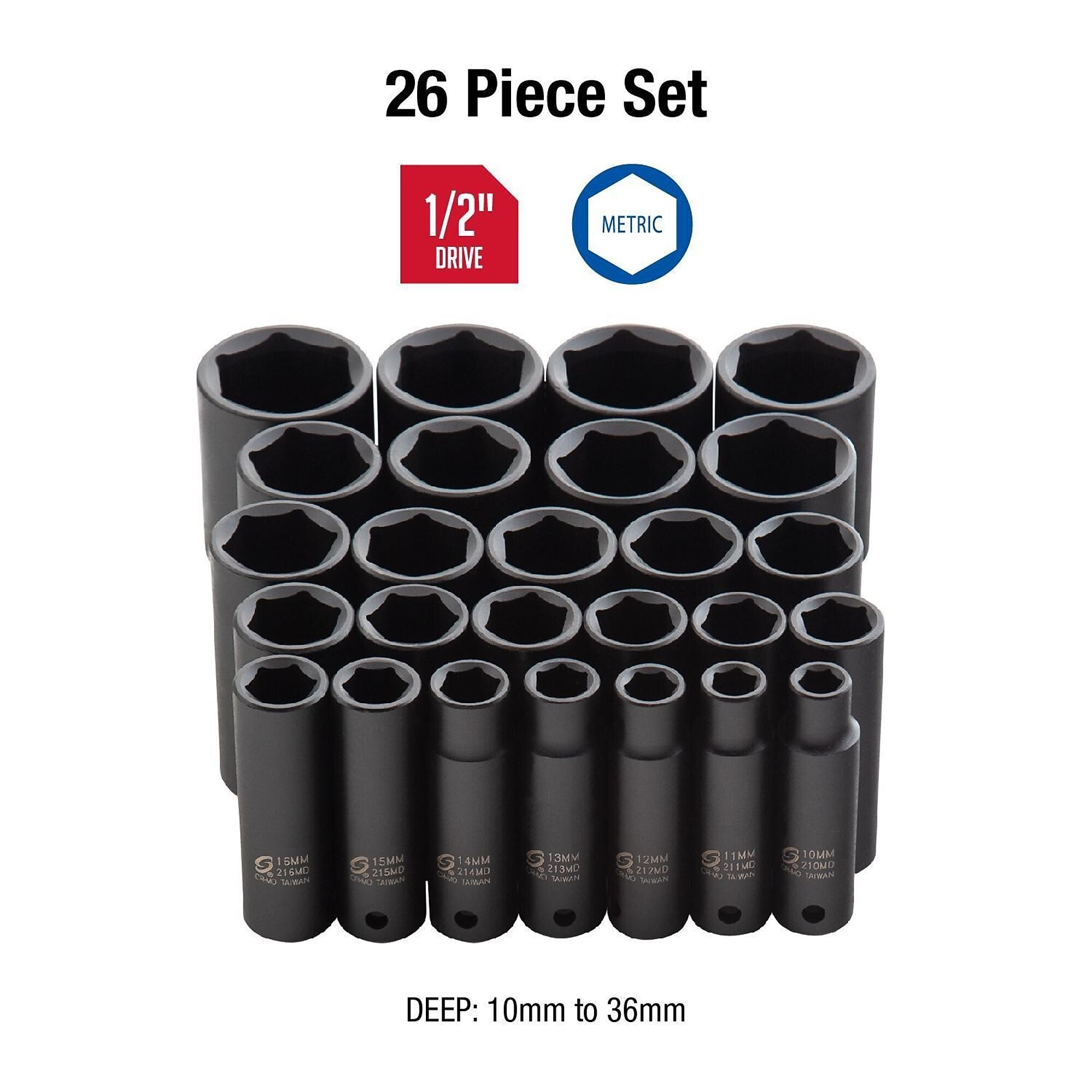 Set de Herramientas de Impacto Profundo Sunex Tools Métrico - 1/2in. Drive, 6 Pt, 26 Piezas, Modelo# 2646
