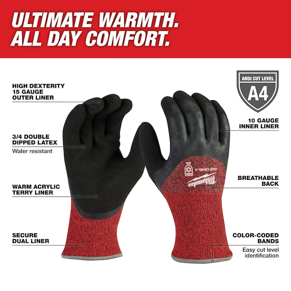 Guantes de inmersión aislados para invierno de nivel 4 con corte de herramienta Milwaukee - Mediano (12 pares), Nivel de corte A5, 15 ga, Rojo/Negro - 48-73-7941B