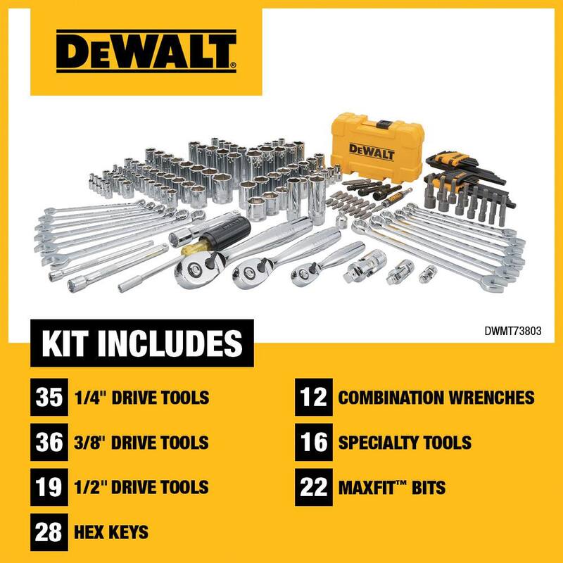 Set de herramientas para mecánicos DEWALT de 1/4, 3/8 y 1/2 pulgadas en cromo pulido (168 piezas) - DWMT73803.