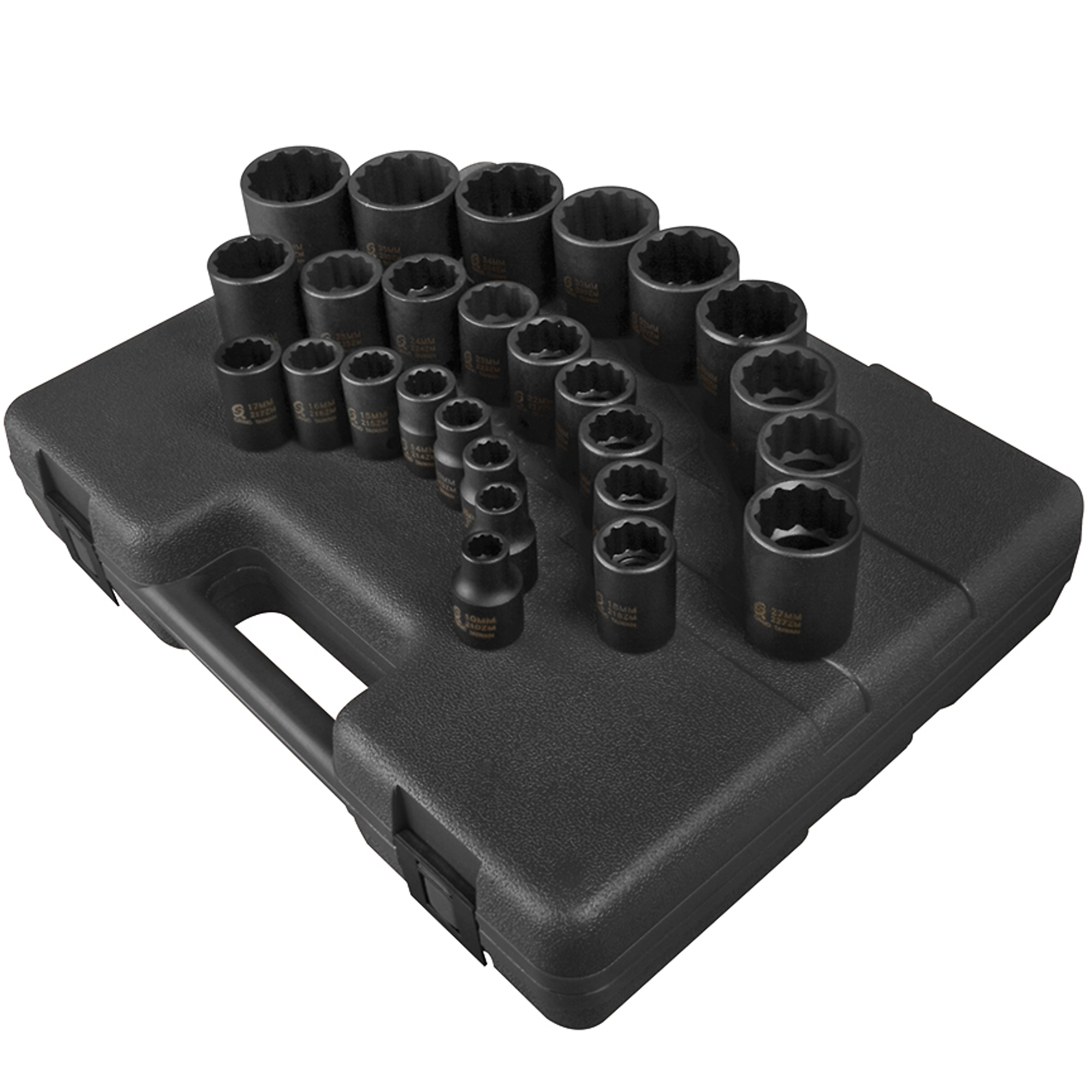 Juego de dados de impacto métricos Sunex Tools de 1/2 pulgadas, 12 puntos, 26 piezas, acero de aleación CR-MO, modelo 2826.