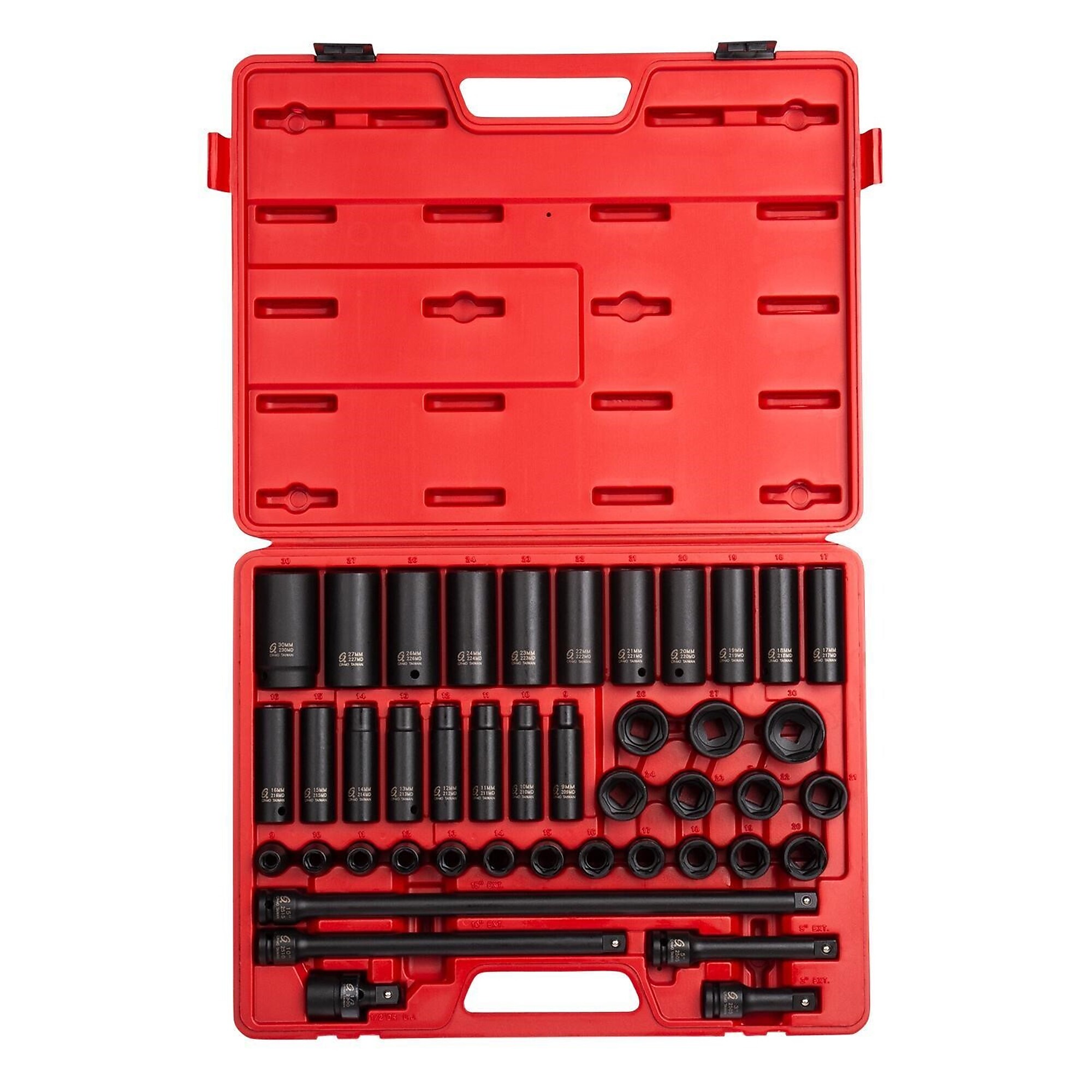 Set de llaves de impacto estándar/profundas métricas de 1/2 pulgadas de Sunex Tools - 43 piezas, modelo #2569.