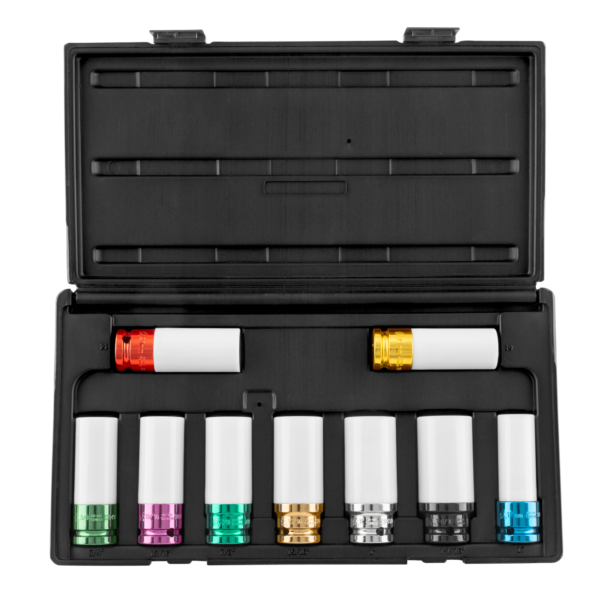 Set de 9 piezas para protección de ruedas de Sunex Tools - 1/2 pulgadas, SAE/Métrico, de 6 puntos, diseño de pared delgada. Modelo# 2849.
