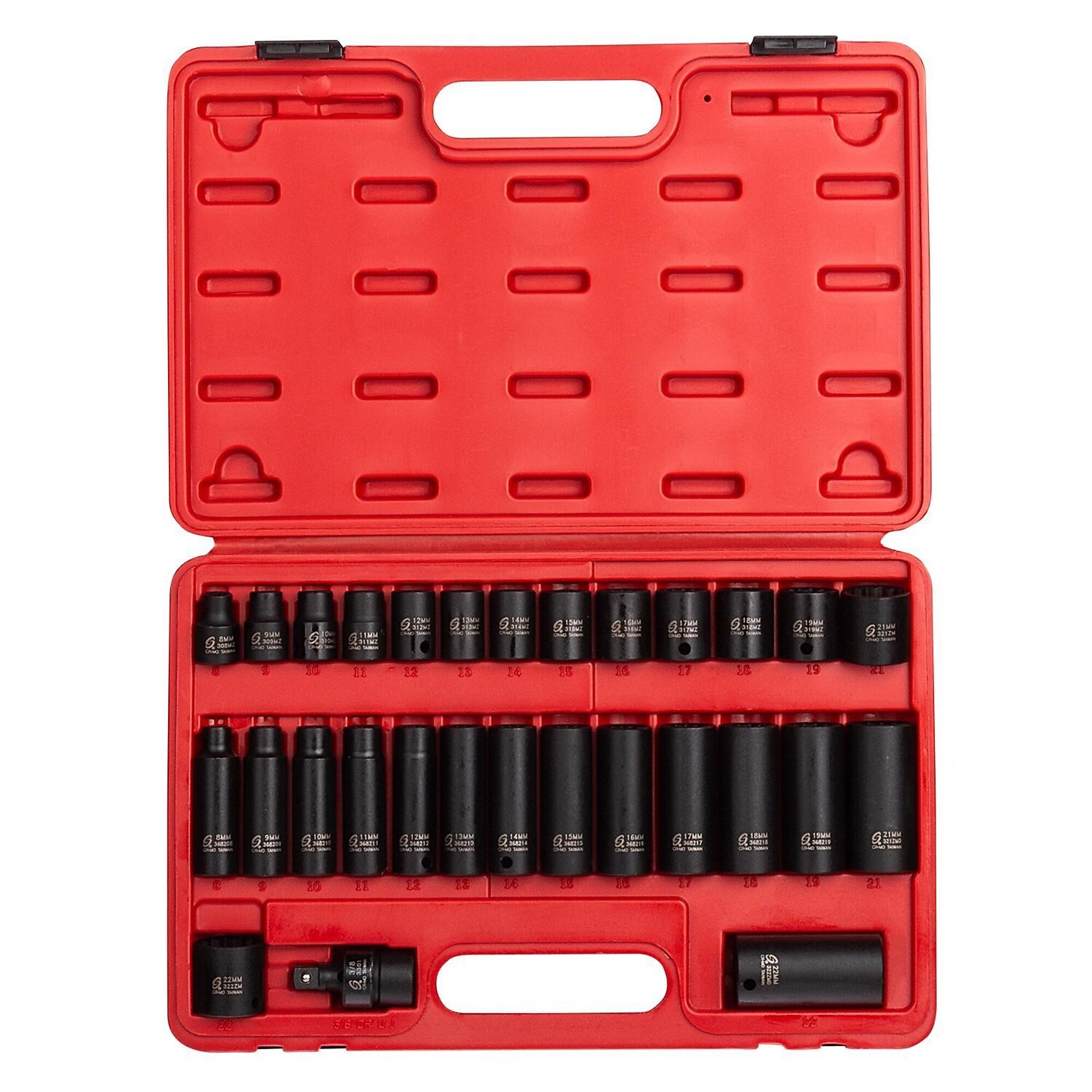 Juego de dados de impacto métricos Sunex Tools - 3/8 pulgadas, 12 puntas, estándar y profundo, 29 piezas, acero CR-MO, modelo #3330.