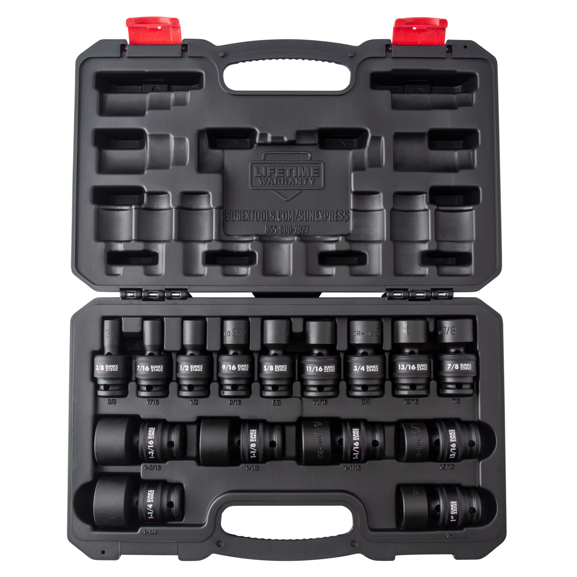 Set de 15 piezas de dados de impacto universales estándar de 12 puntos SAE de 1/2 pulgadas de Sunex Tools, modelo 2856.