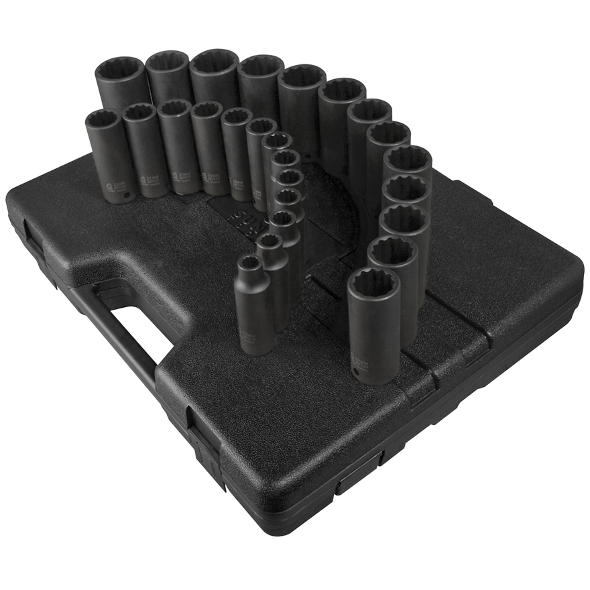 Juego de dados de impacto profundos métricos Sunex Tools de 1/2 pulgadas - 26 piezas, 12 puntas, acero de aleación CR-MO, modelo# 2827.