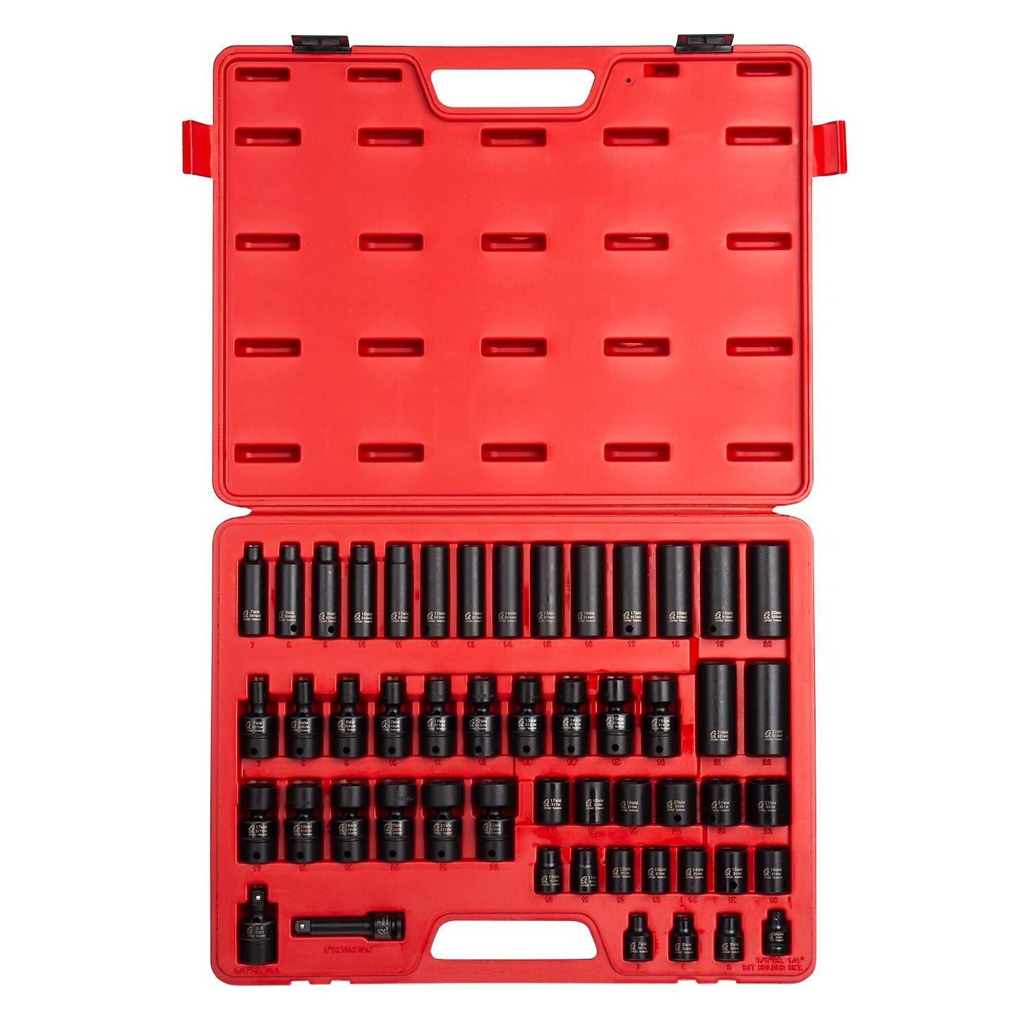 Set de dados de impacto métricos Sunex Tools de 3/8 pulgadas - 51 piezas, punto de 6 lados, estándar/profundo/universal, Modelo# 3351.
