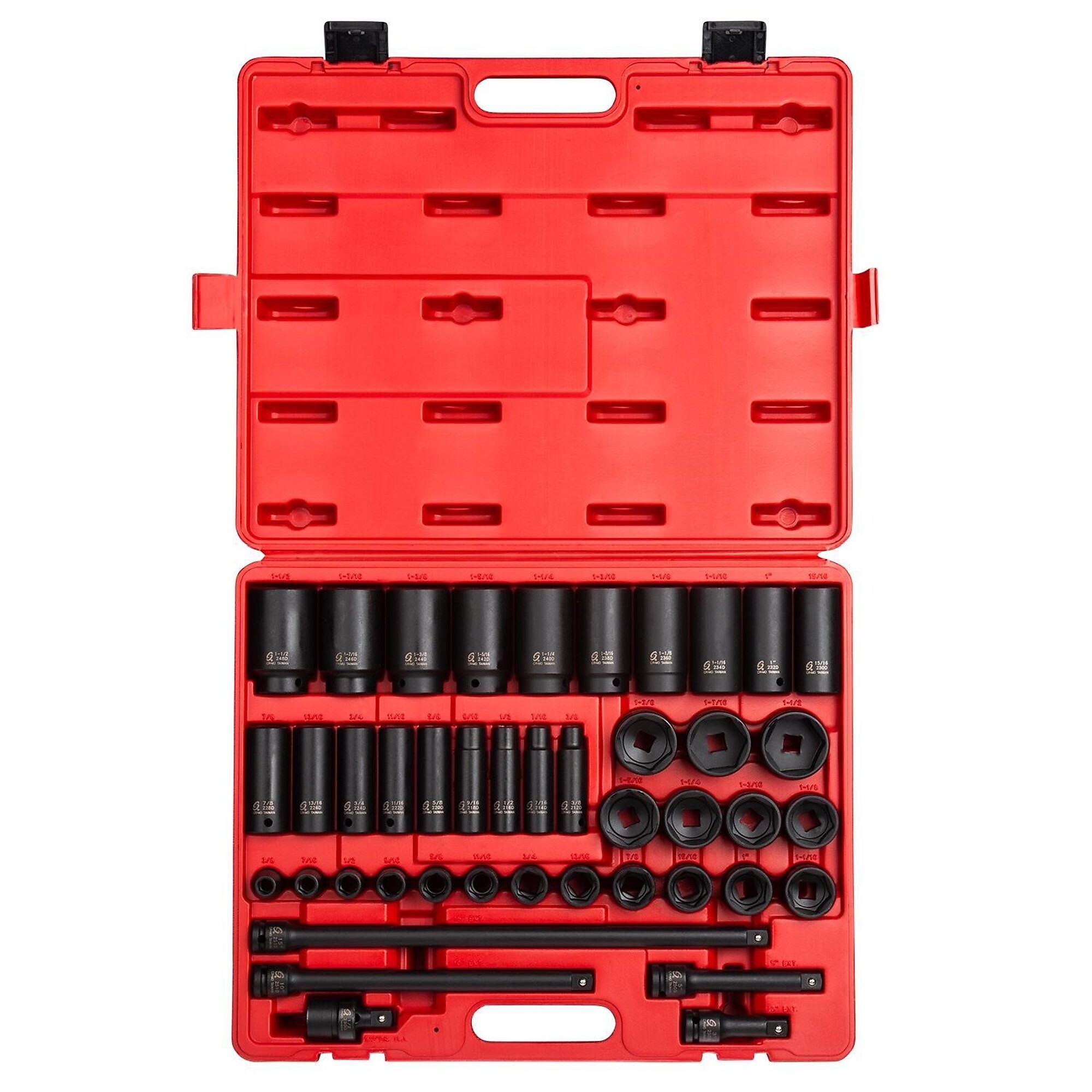 Juego de 43 piezas de llaves de impacto Sunex Tools 1/2in. SAE 6 Pt. estándar/profundas, fabricadas en acero aleado CR-MO con recubrimiento de fosfato negro, Modelo #2568.