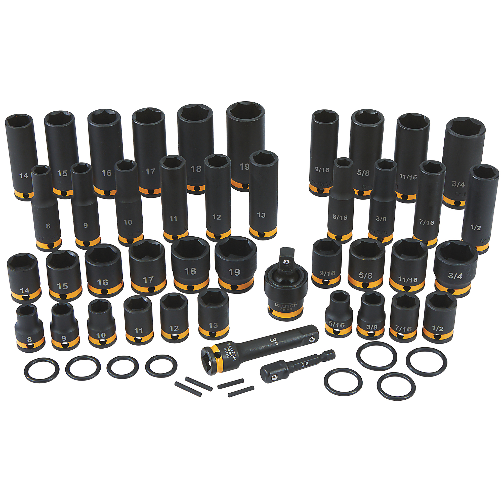 Set de puntas de impacto de cromo molibdeno Klutch de 3/8 pulgadas, 6 puntos, métrico y SAE, 43 piezas.