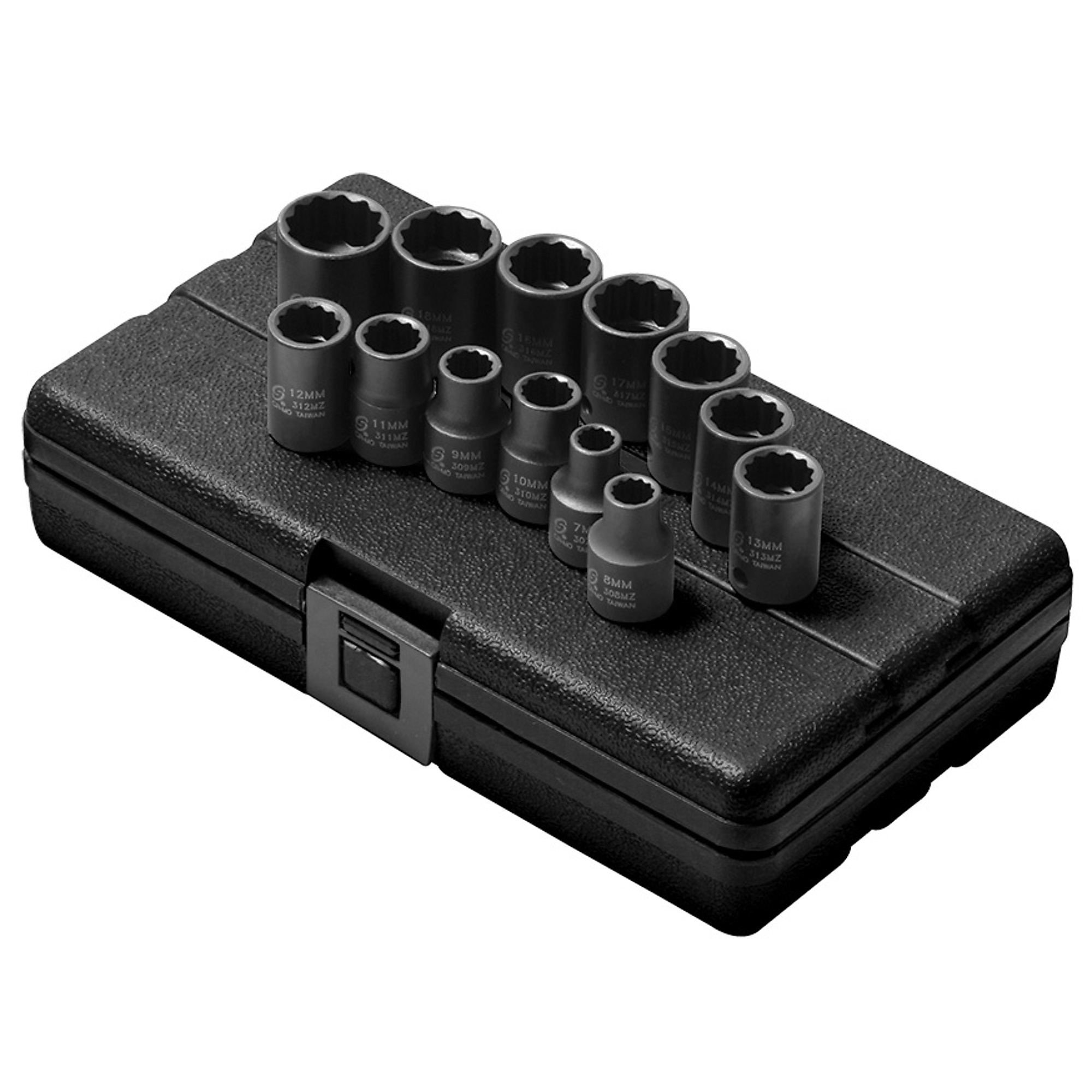 Set de impacto métrico Sunex Tools de 3/8 pulgadas, 12 puntos, 13 piezas, acero de aleación CR-MO, modelo# 3675.