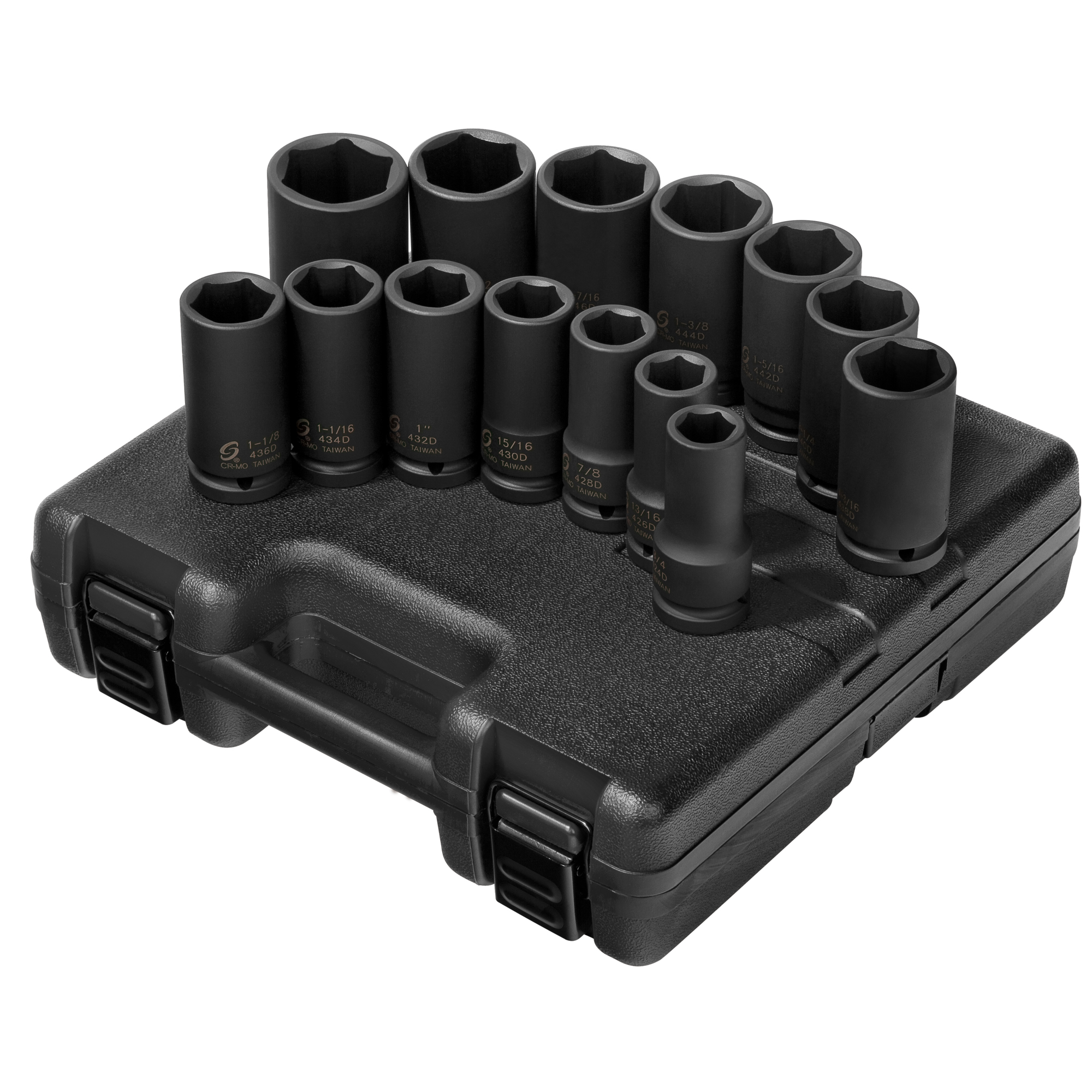 Juego de dados de impacto profundo Sunex Tools de 3/4 pulgadas, 6 puntas SAE - 14 piezas, acero de aleación CR-MO, fosfato negro, modelo #4638.