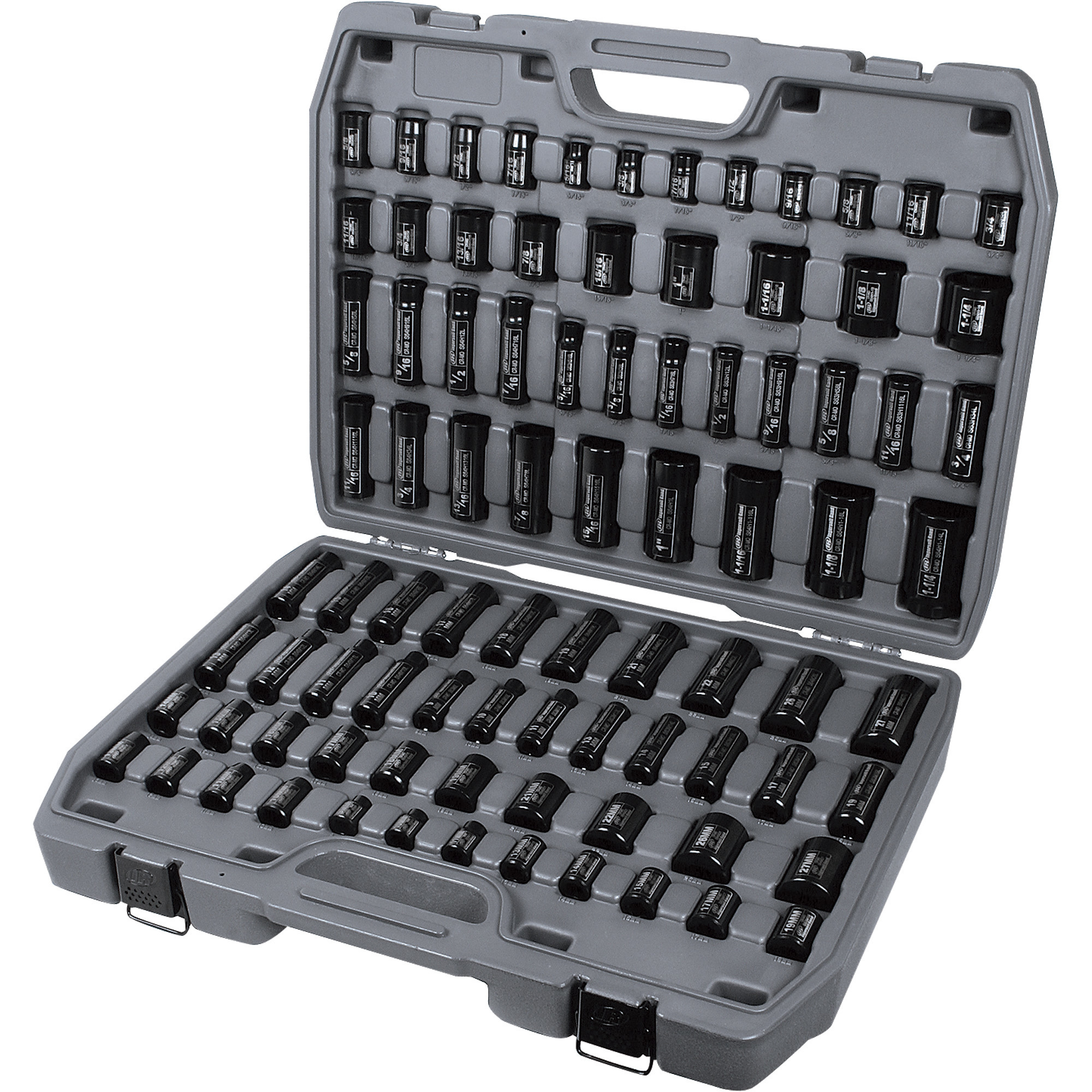 Juego de dados de impacto Mega de Ingersoll Rand, 86 piezas, unidades de 3/8in y 1/2in, estándar y métricas, Modelo # SK34C86