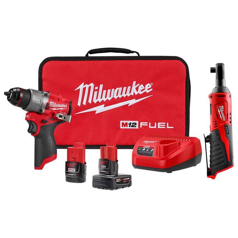 Juego de taladro percutor inalámbrico Milwaukee M12 FUEL de 12 voltios con motor sin escobillas de 1/2 pulgada y kit de destornillador de trinquete M12 de 3/8 pulgadas - 3404-22-2457-20