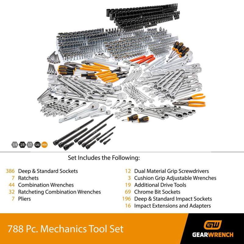 Juego de herramientas maestras para mecánicos con vasos de impacto de 1/4 pulg., 3/8 pulg. y 1/2 pulg. GEARWRENCH (788 piezas) - 8905989072CB