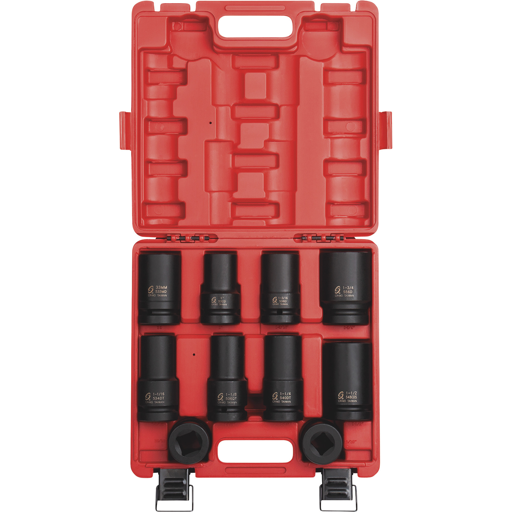 Set de impacto de socket para ruedas pesado Sunex Tools - 10 piezas, 1 pulgada de accionamiento, SAE/Métrico, acero de aleación de cromo molibdeno, Modelo# 5690A.