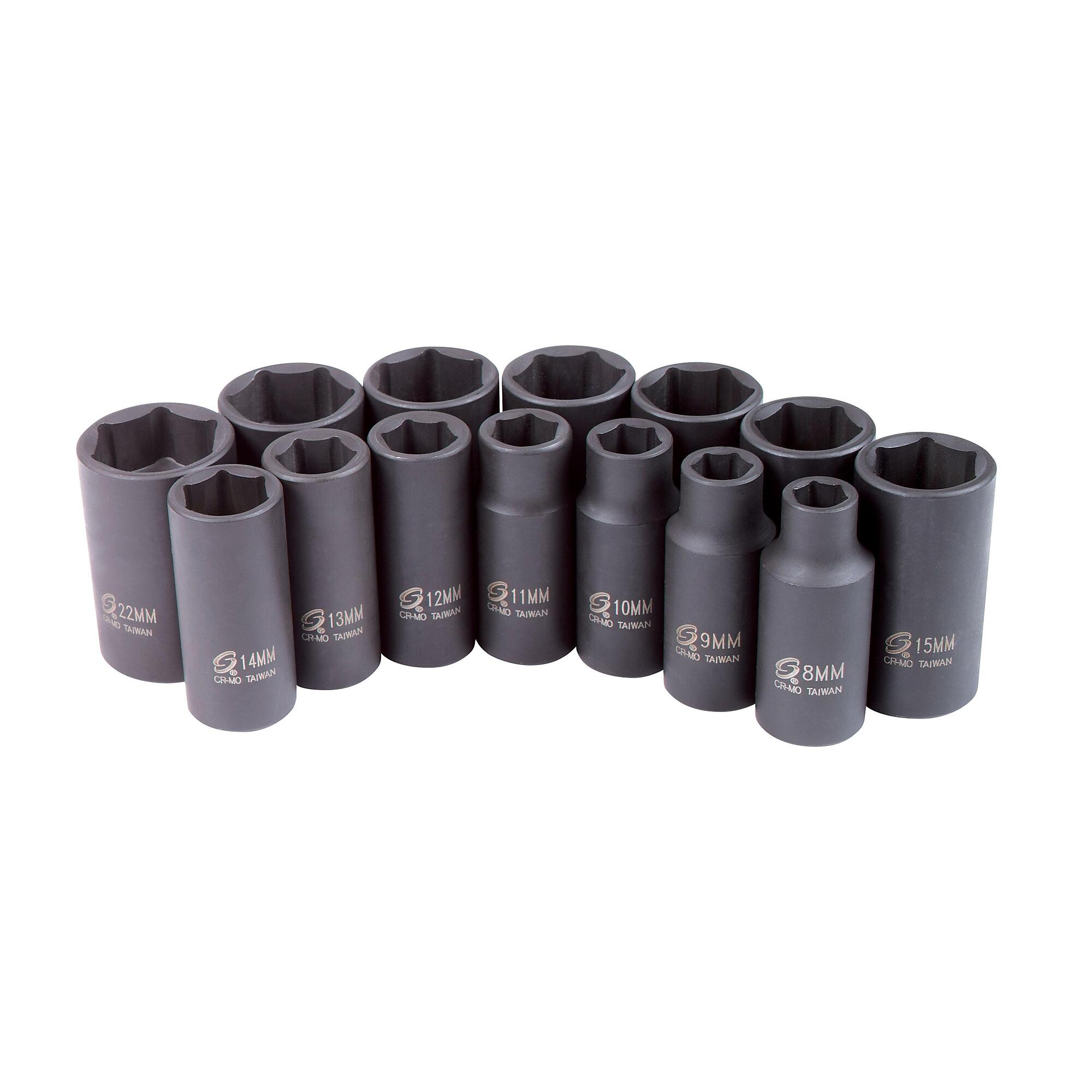 Juego de vasos de impacto métricos Sunex Tools - 3/8in. Drive, 6 Pt, Medida intermedia, 14 piezas, Modelo # 3328