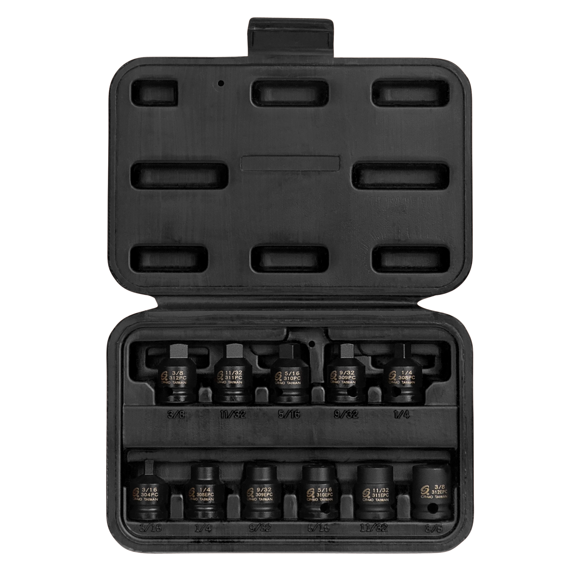Juego de dados de impacto para tapones de tubería Sunex Tools de 3/8in. - 11 piezas, acero de aleación CR-MO, fosfato negro, modelo# 3841.