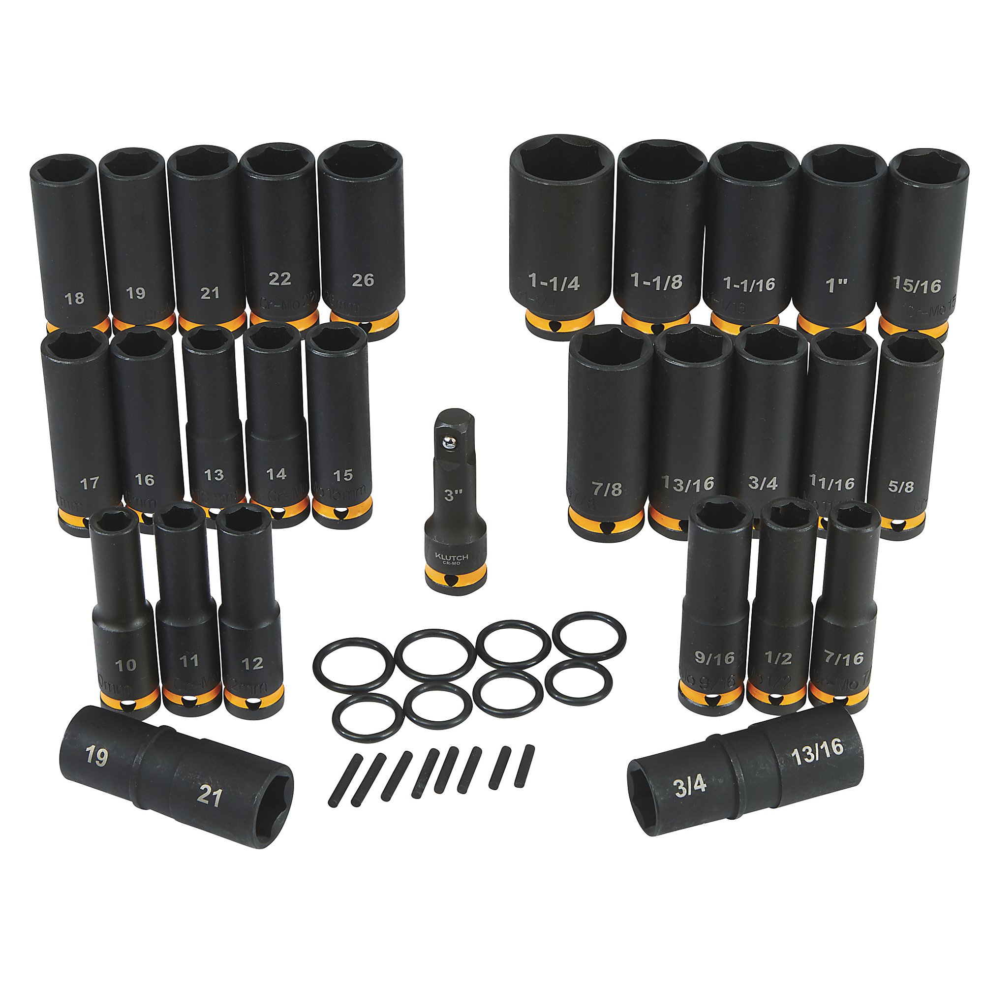 Set de dados de impacto profundos Klutch de 1/2 pulgadas, sistema SAE y métrico, de Cromo Molibdeno, 29 piezas.