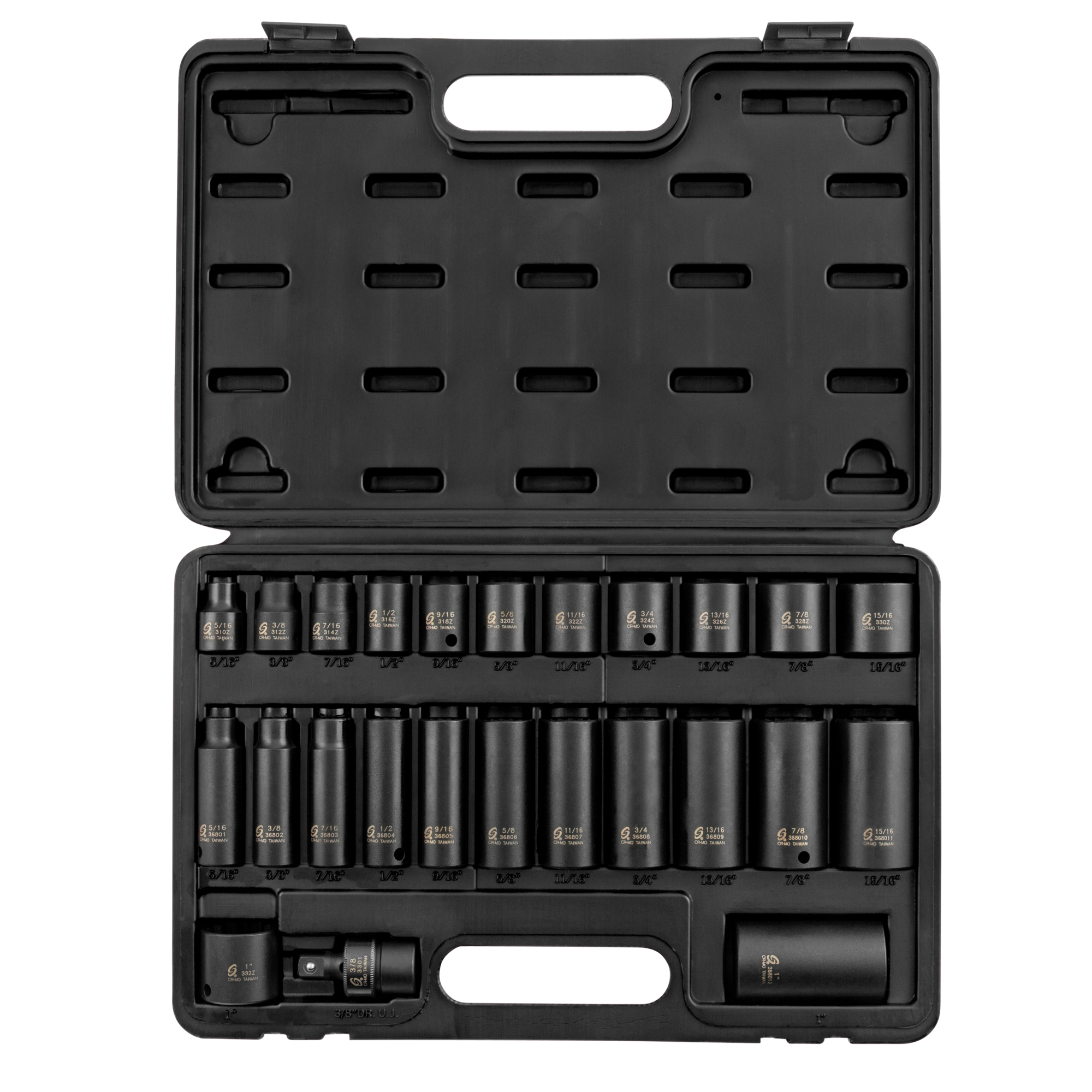 Juego de Llaves de Impacto Sunex Tools 3/8in. Drive SAE, 12-Pt Standard/Deep - 25 Pzas, Acero CR-MO, Color Fosfato Negro, Modelo# 3326.
