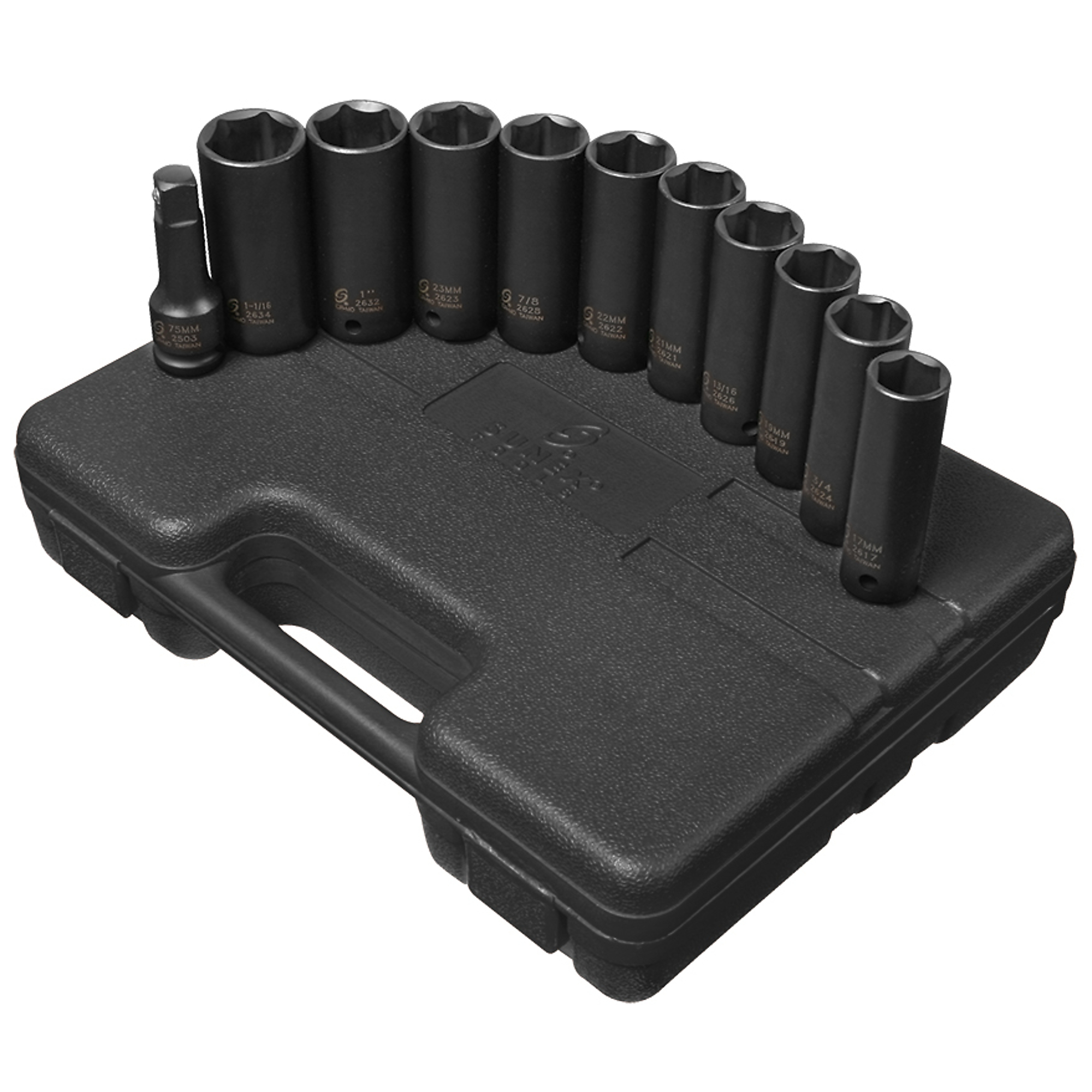 Juego de dados de impacto profundos delgados Sunex Tools de 1/2 pulgadas - 11 piezas, SAE/Métrico, 6 puntos, acero aleado CR-MO, Modelo# 2611