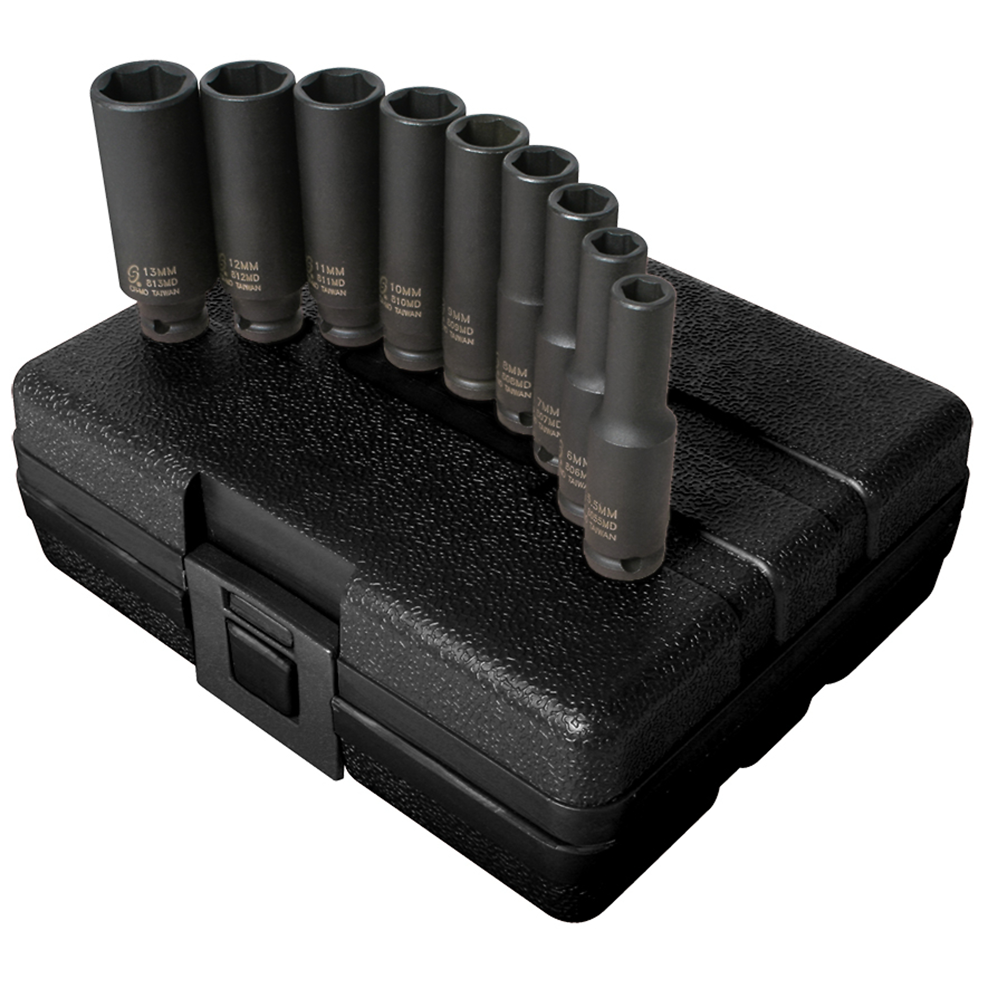 Juego de dados de impacto profundo métrico Sunex Tools de 1/4 pulgadas - 9 piezas, 6 puntos, acero de aleación CR-MO, modelo 1812.
