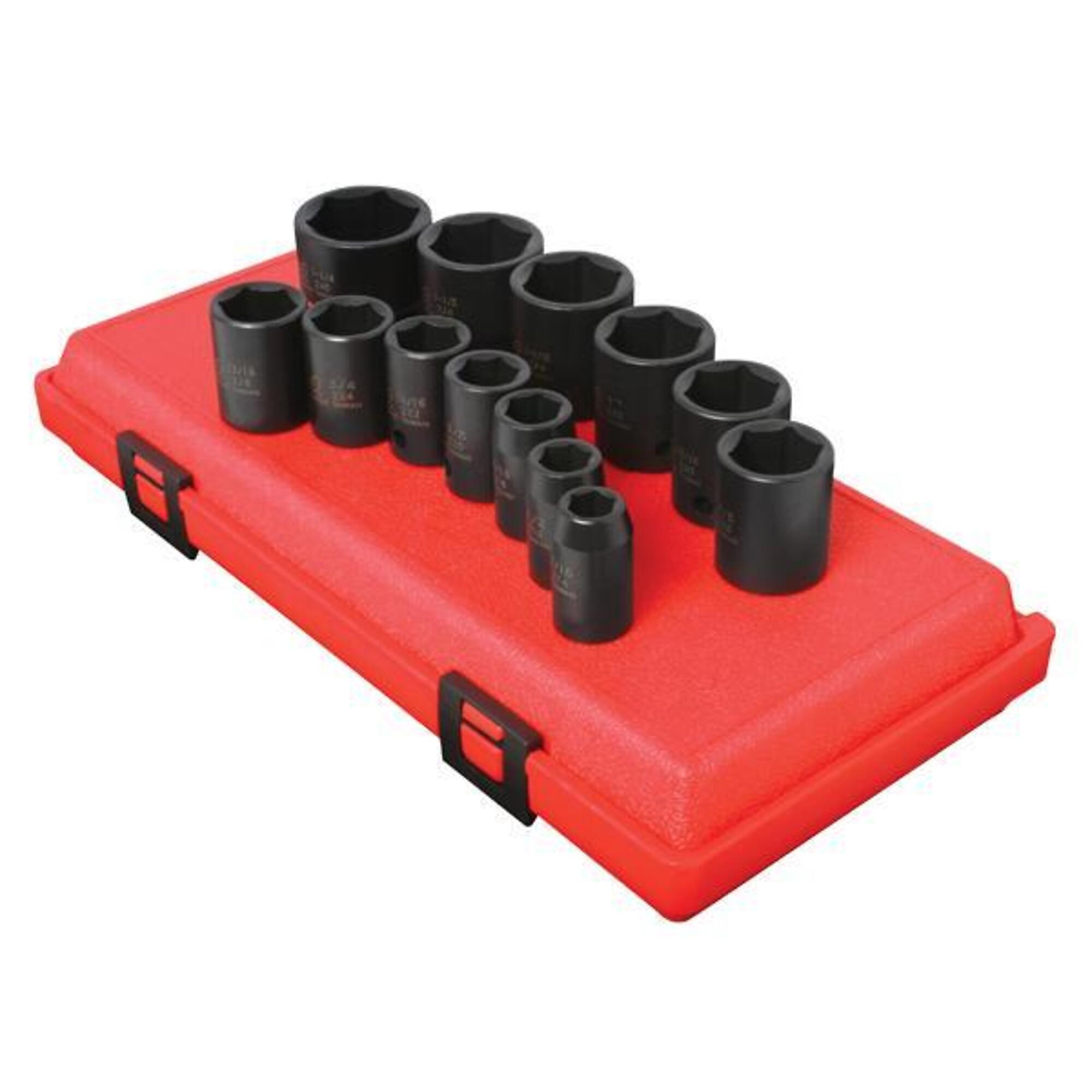 Set de 13 piezas de dados de impacto estándar Sunex Tools de 1/2 pulgadas, de 6 puntas SAE, fabricados en acero aleado CR-MO con recubrimiento de fosfato negro, modelo# 2650.