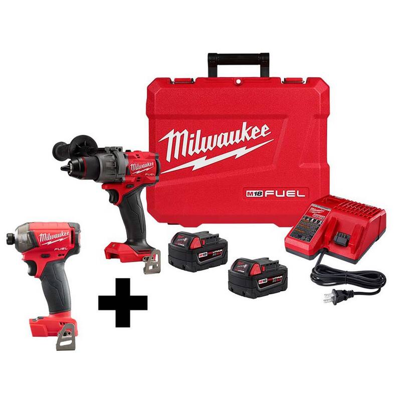 Milwaukee M18 FUEL Taladro Martillo Inalámbrico sin Escobillas de Litio de 18 Voltios de 1/2 pulgadas y Kit de Atornillador de Impacto SURGE de 1/4 de pulgada - 2904-22-2760-20