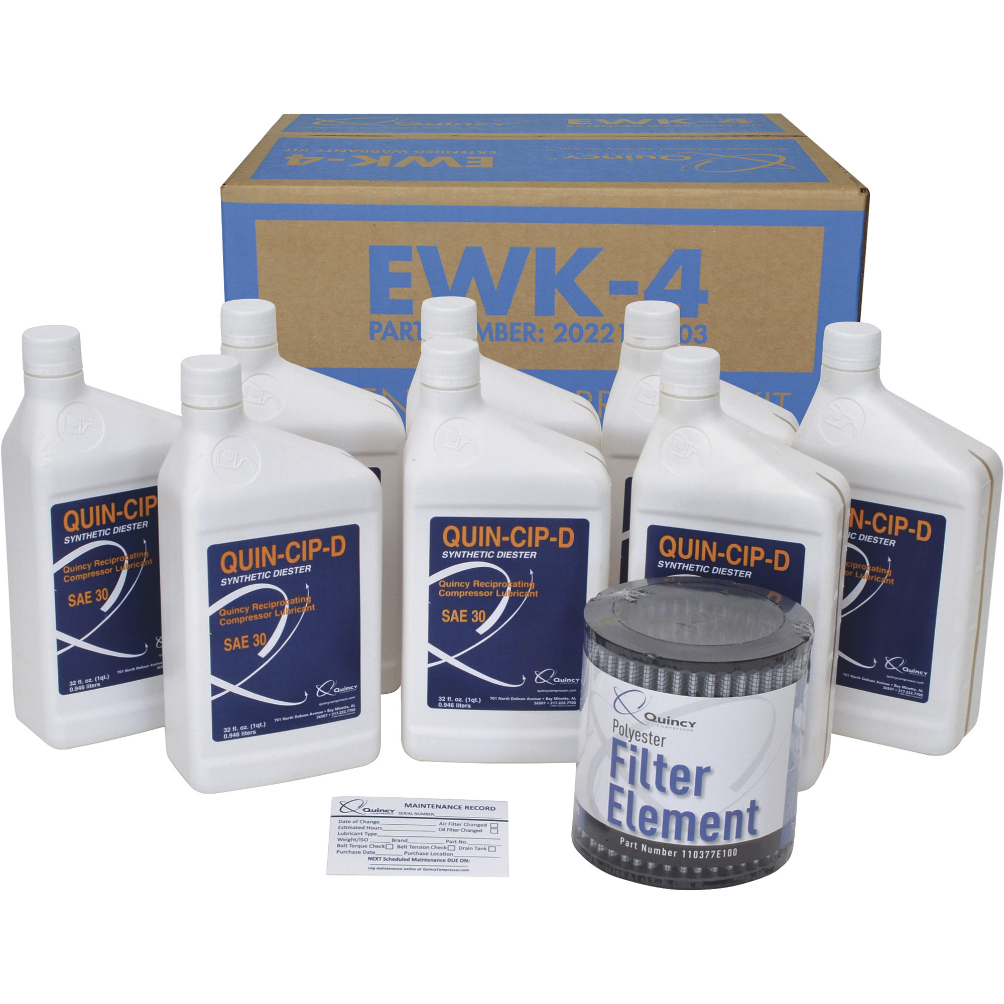 Kit de soporte y mantenimiento extendido para compresores recíprocos lubricados por salpicadura Quincy QT de 10 HP, Modelo EWK-4.