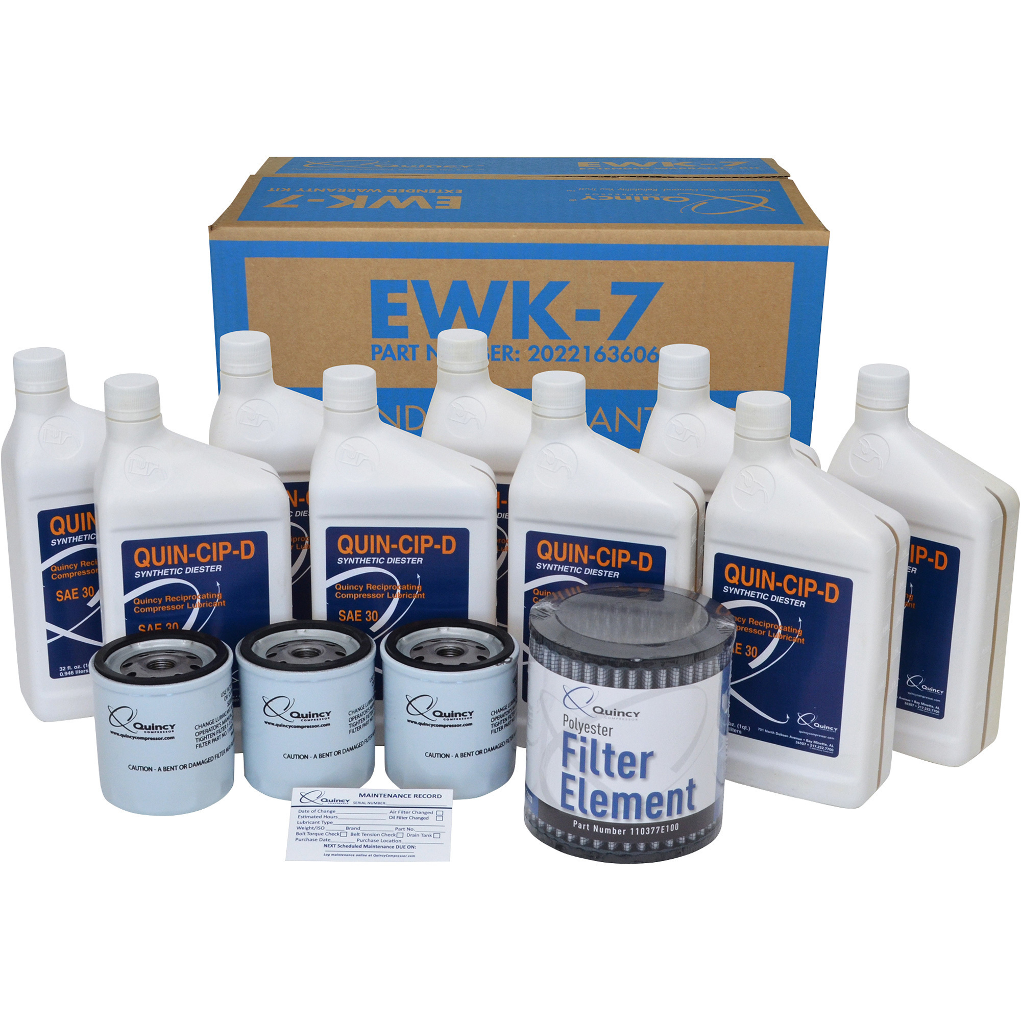 Kit de Soporte y Mantenimiento Extendido Quincy, Para Compresores Recíprocos de Lubricación a Presión Quincy QP de 10 HP y 120 Galones, Modelo # EWK-7