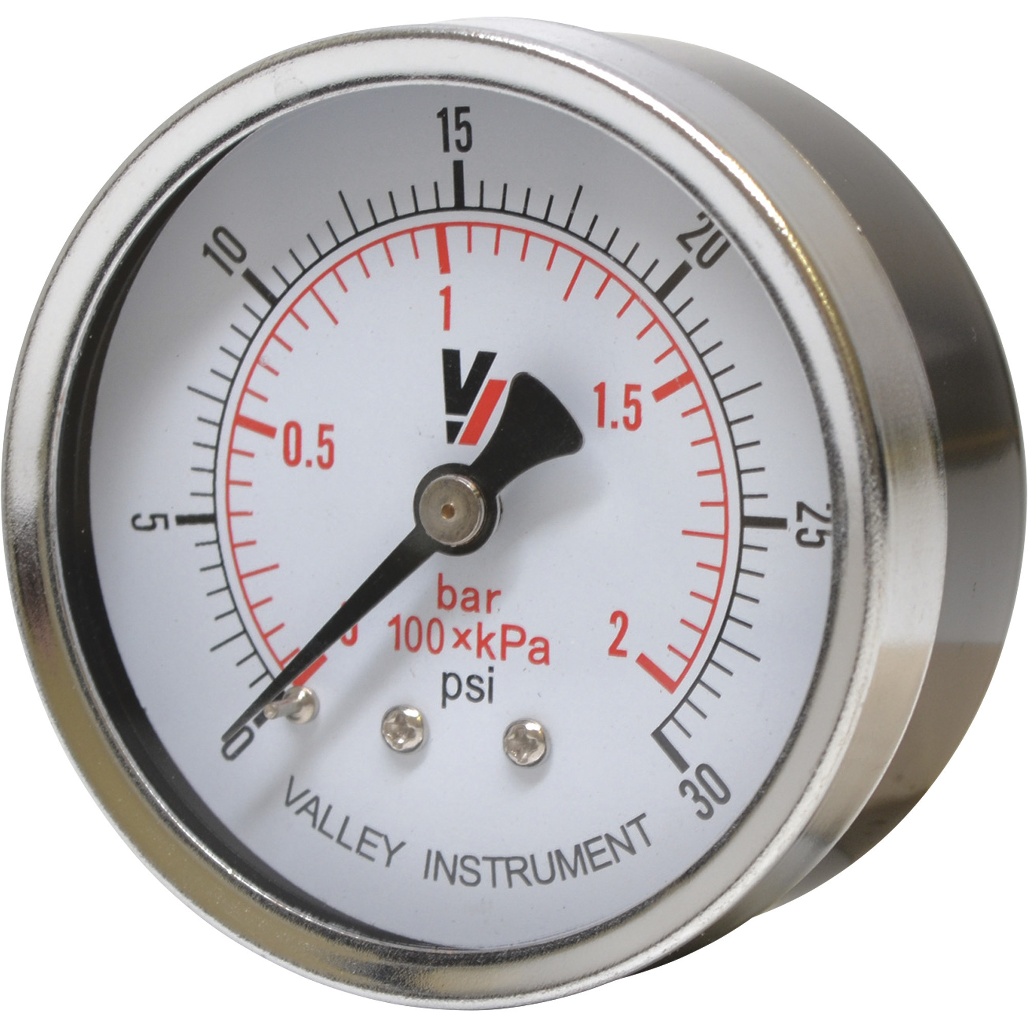 Manómetro seco de montaje trasero Valley Instrument - 2.5in., 0-30 PSI, Movimiento de latón, Modelo # Grado B