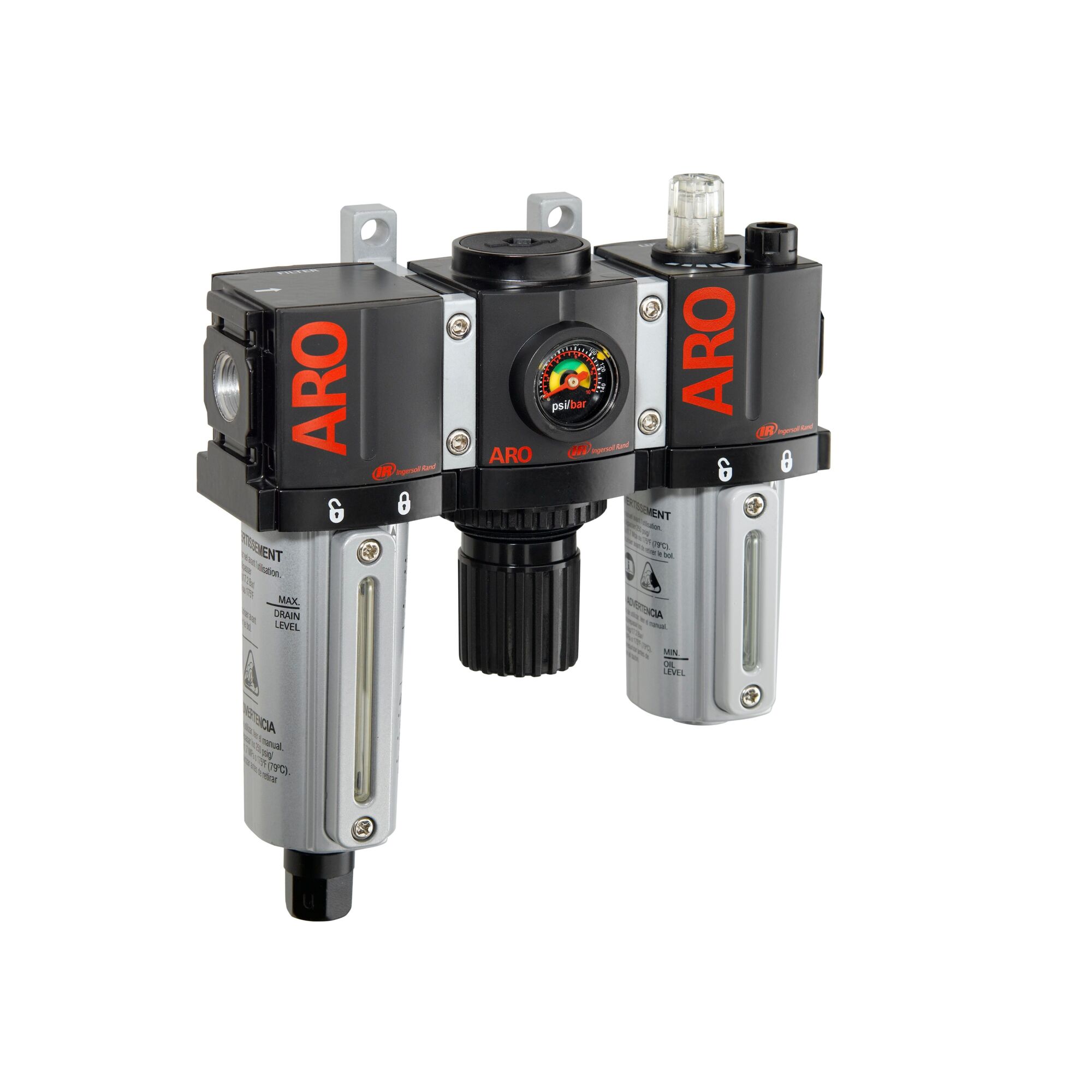 Filtro Regulador Lubricador ARO Ingersoll Rand, Serie 1500, Modelo C38221-811 de 1/4 pulgadas.