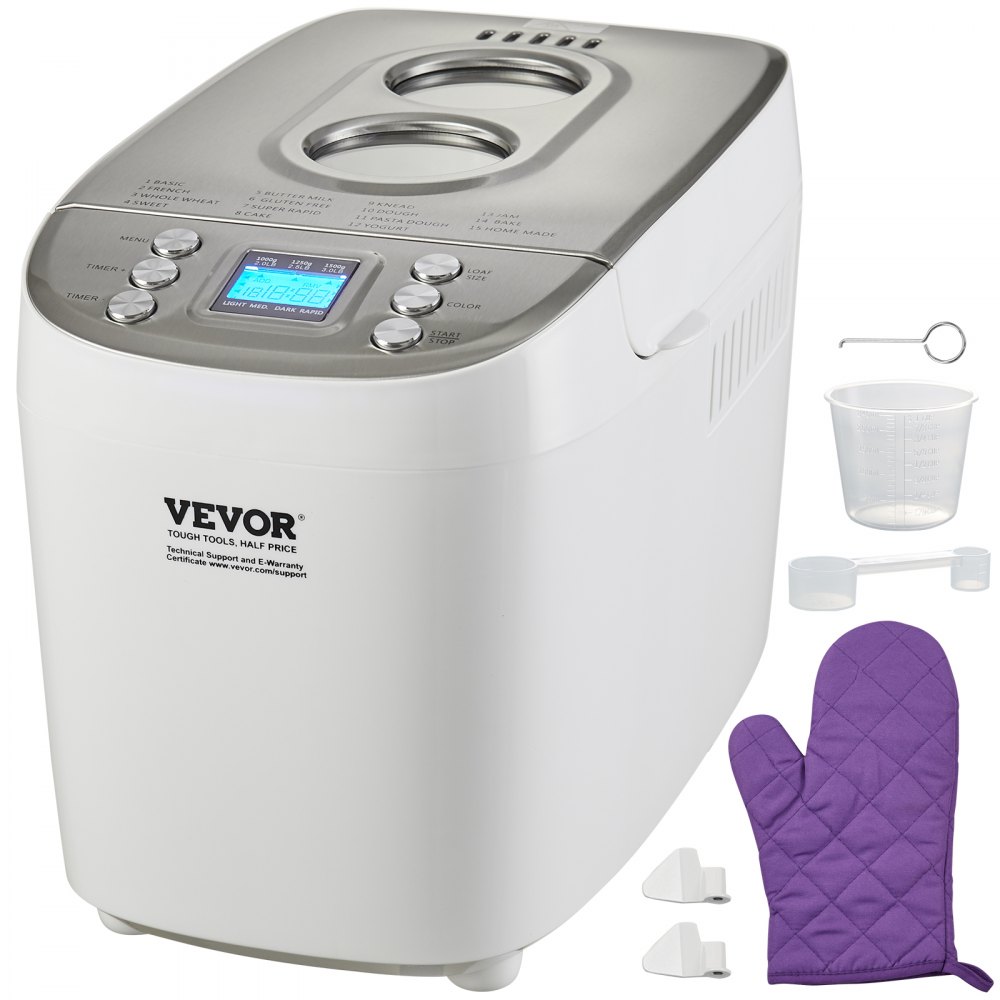 VEVOR Bread Maker, 15-in-1 3LB Dough Machine, Nonstick Ceramic Pan Automatic Breadmaker with Gluten Free Setting, Whole Wheat Bread Making, Digital, Programmable, 3 Loaf Sizes, 3 Crust Colors, White - MBJBXG3LB850GHMSHV1