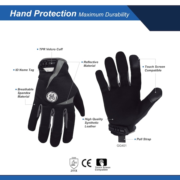 Guantes de Mecánico Ge, XL, Negro, Gris, Spandex - GG401XLC