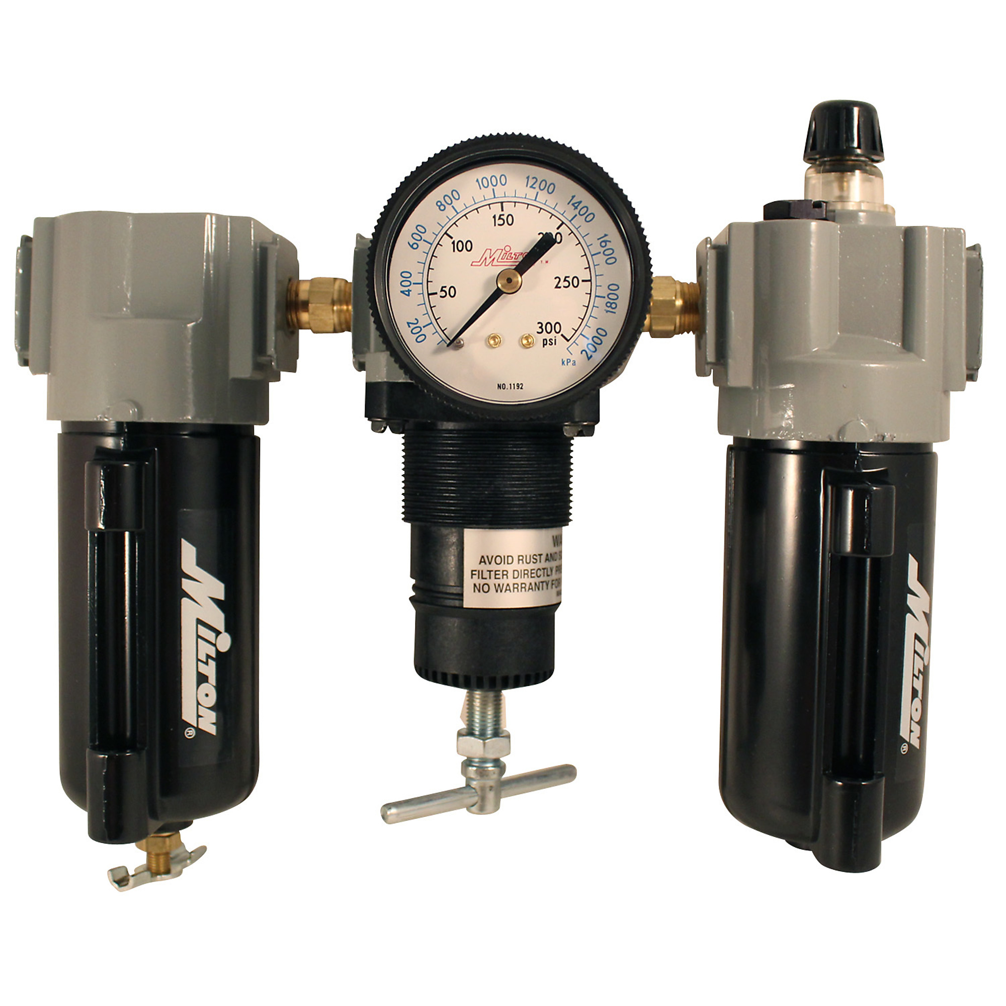 Trío de Filtro-Lubricador-Regulador Milton con recipiente metálico, Máx. PSI 250 PSI, Modelo #1102M