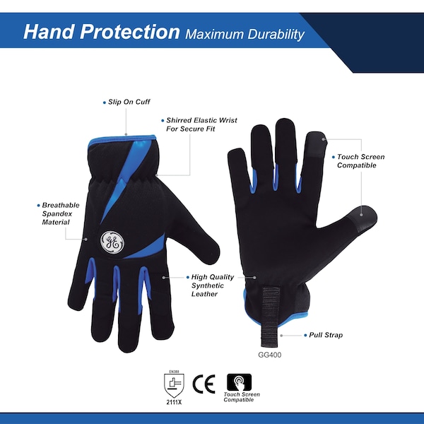Guantes de Mecánico Ge, M, Negro, Azul, Spandex - GG400LC