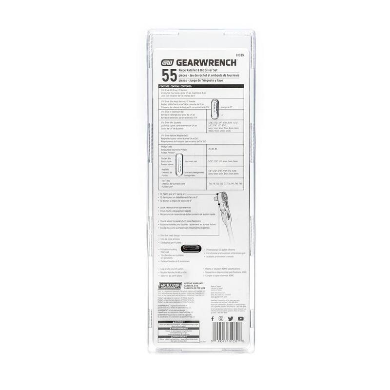 Juego de herramientas mecánicas GEARWRENCH 1/4 pulg. Drive 6-Point SAE/Métrica Slim Flex-Head Ratchet and Socket (55 piezas) - 81039