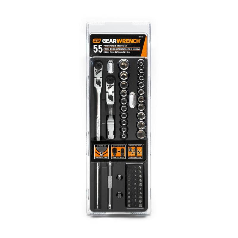 Juego de herramientas mecánicas GEARWRENCH 1/4 pulg. Drive 6-Point SAE/Métrica Slim Flex-Head Ratchet and Socket (55 piezas) - 81039