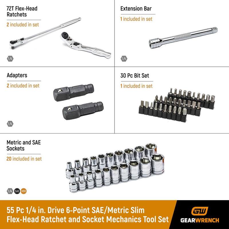 Juego de herramientas mecánicas GEARWRENCH 1/4 pulg. Drive 6-Point SAE/Métrica Slim Flex-Head Ratchet and Socket (55 piezas) - 81039