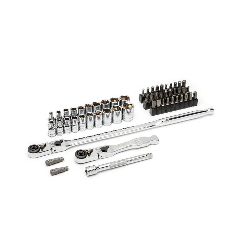 Juego de herramientas mecánicas GEARWRENCH 1/4 pulg. Drive 6-Point SAE/Métrica Slim Flex-Head Ratchet and Socket (55 piezas) - 81039