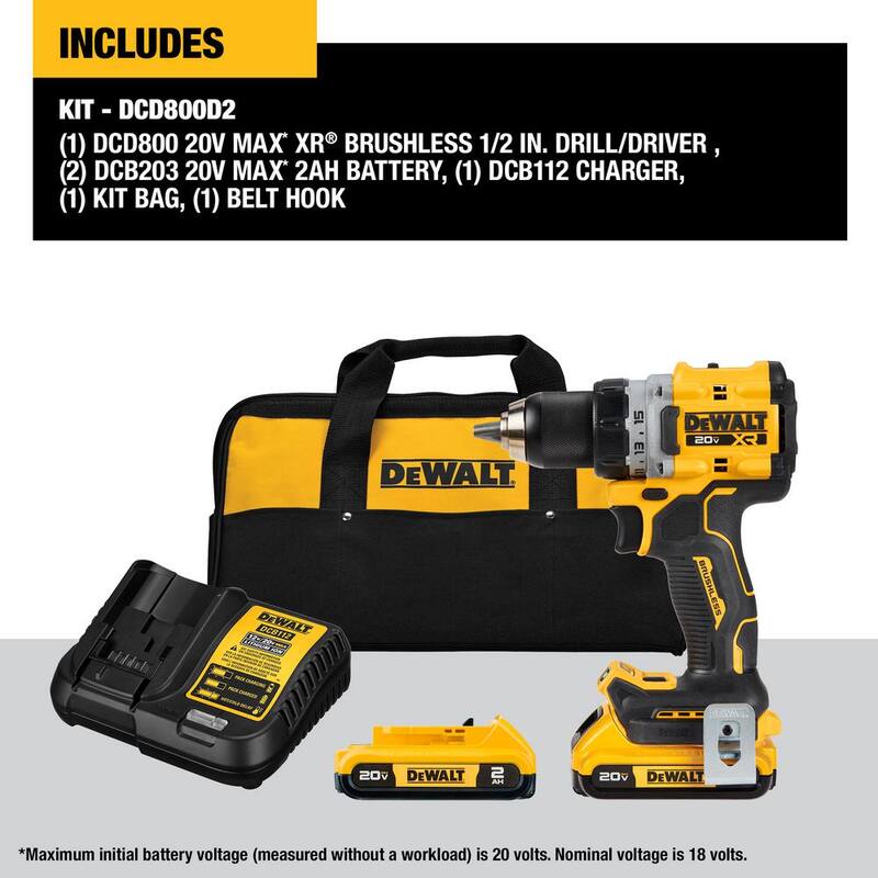 Juego de taladro inalámbrico DEWALT 20V MAX de iones de litio sin escobillas 1/2 pulg. con (2) baterías de 2.0 Ah, cargador y bolso - DCD800D2