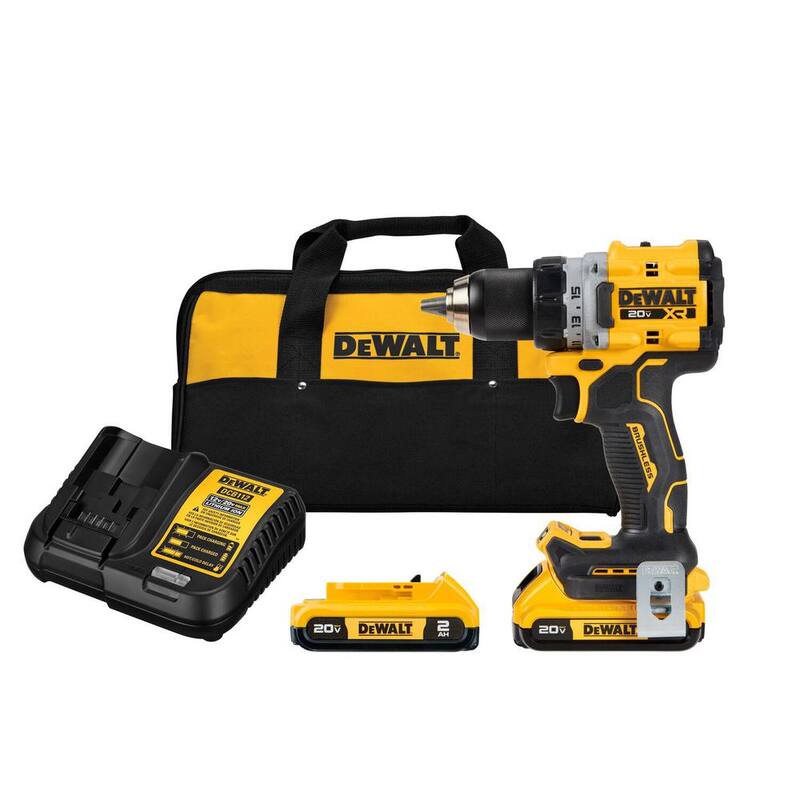 Juego de taladro inalámbrico DEWALT 20V MAX de iones de litio sin escobillas 1/2 pulg. con (2) baterías de 2.0 Ah, cargador y bolso - DCD800D2