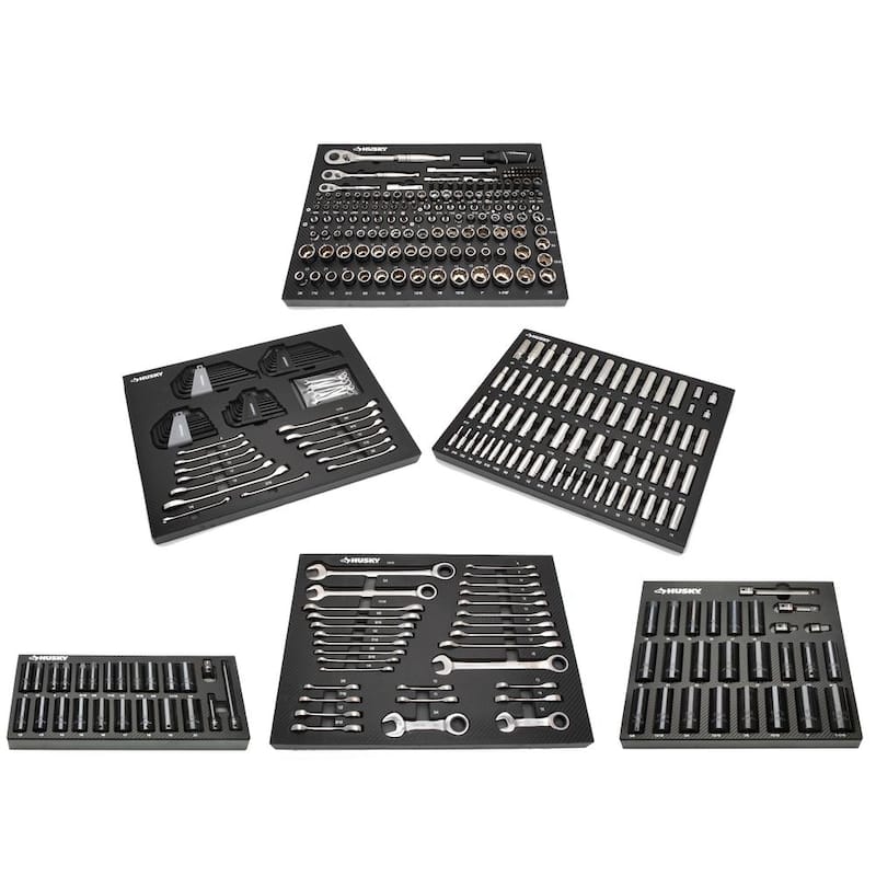 Juego de herramientas mecánicas Husky de 1/4, 3/8 y 1/2 pulgadas con juegos de impacto y bandejas de almacenamiento de EVA (370 piezas) - H370MTSIMPEVACB