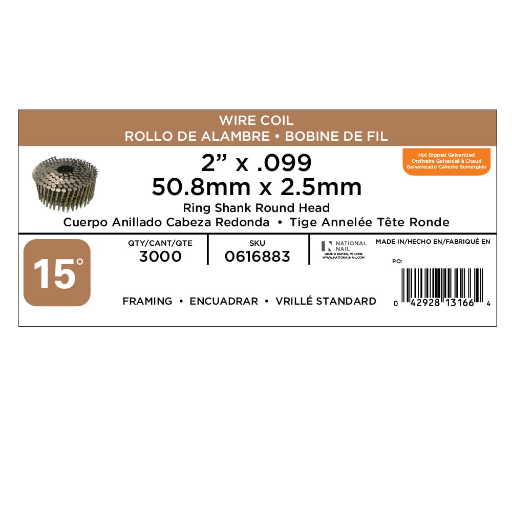 Clavos galvanizados en anillo de 0.099 in - Calibre 15 - Ángulo de 15 grados, para revestimiento. 3000 por caja.