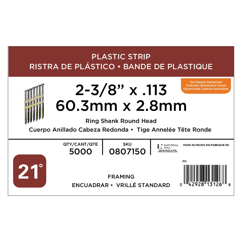 Clavos para armazón colados con anillo, galvanizados en caliente de 2-3/8 pulgadas x 0.113 pulgadas, ángulo de 21 grados (5000 por caja) 0807150