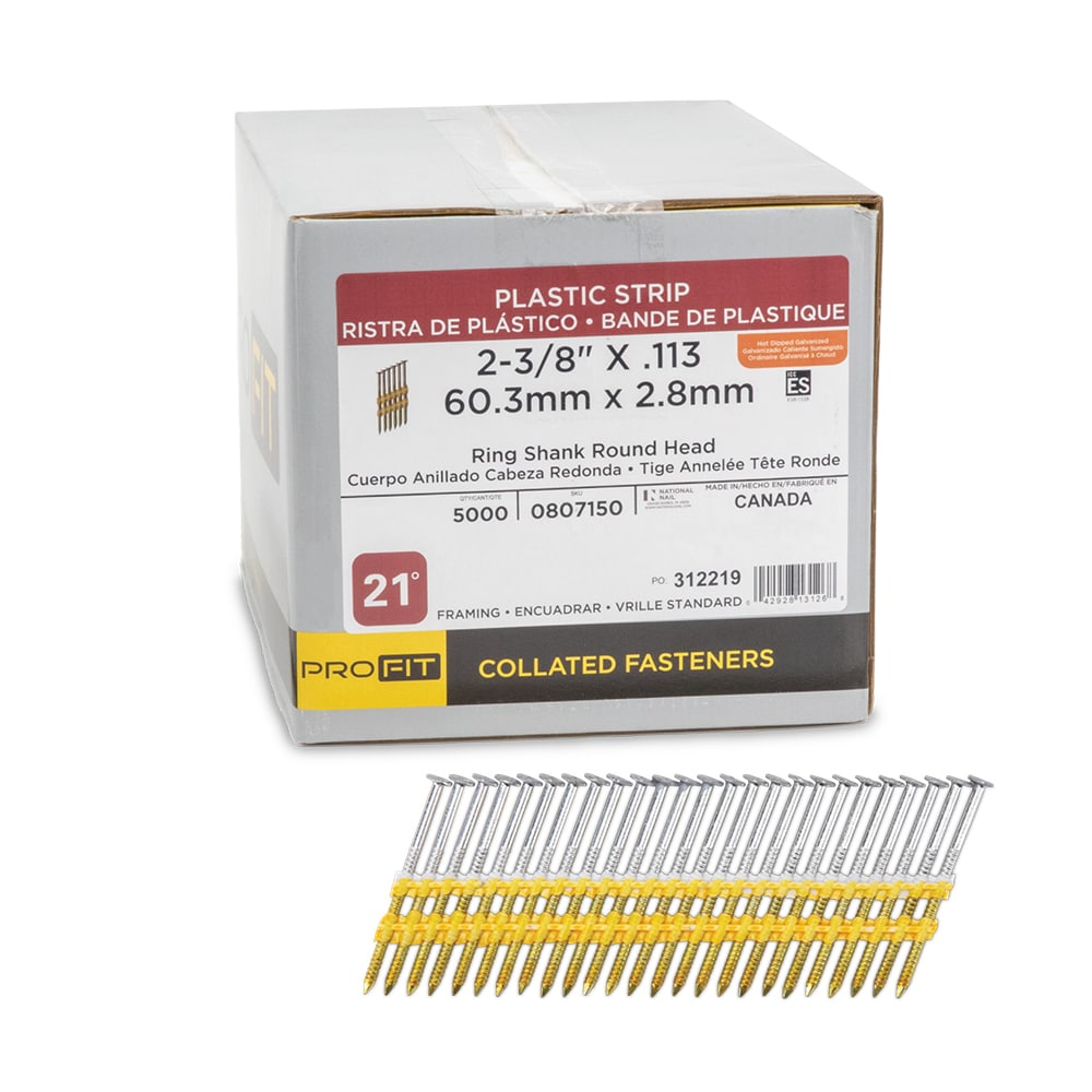 Clavos para armazón colados con anillo, galvanizados en caliente de 2-3/8 pulgadas x 0.113 pulgadas, ángulo de 21 grados (5000 por caja) 0807150