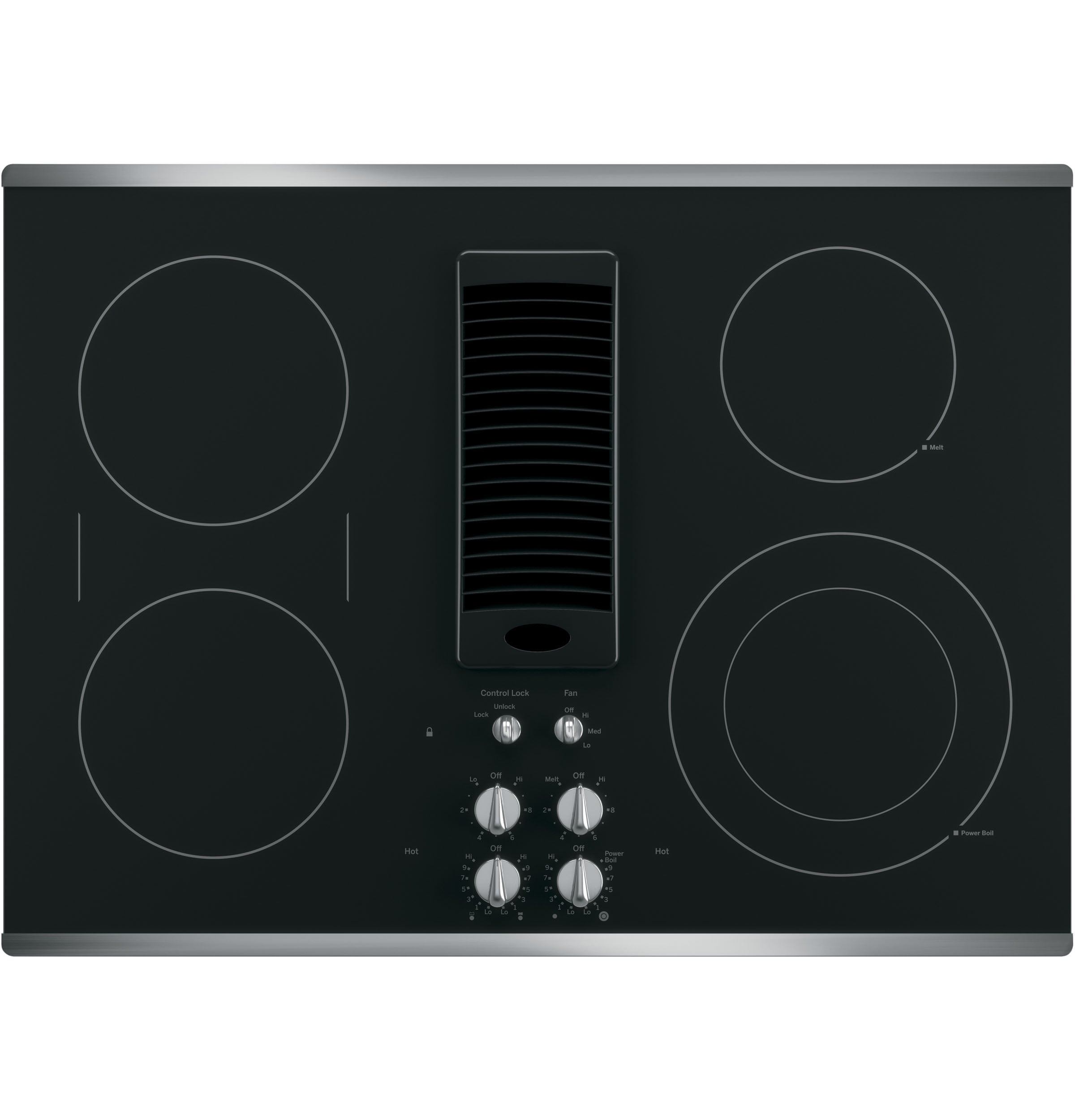Cubierta de cocina eléctrica de acero inoxidable con superficie lisa de 30 pulgadas y 4 quemadores de perfil GE Profile con sistema de escape descendente y elemento puente PP9830SRSS