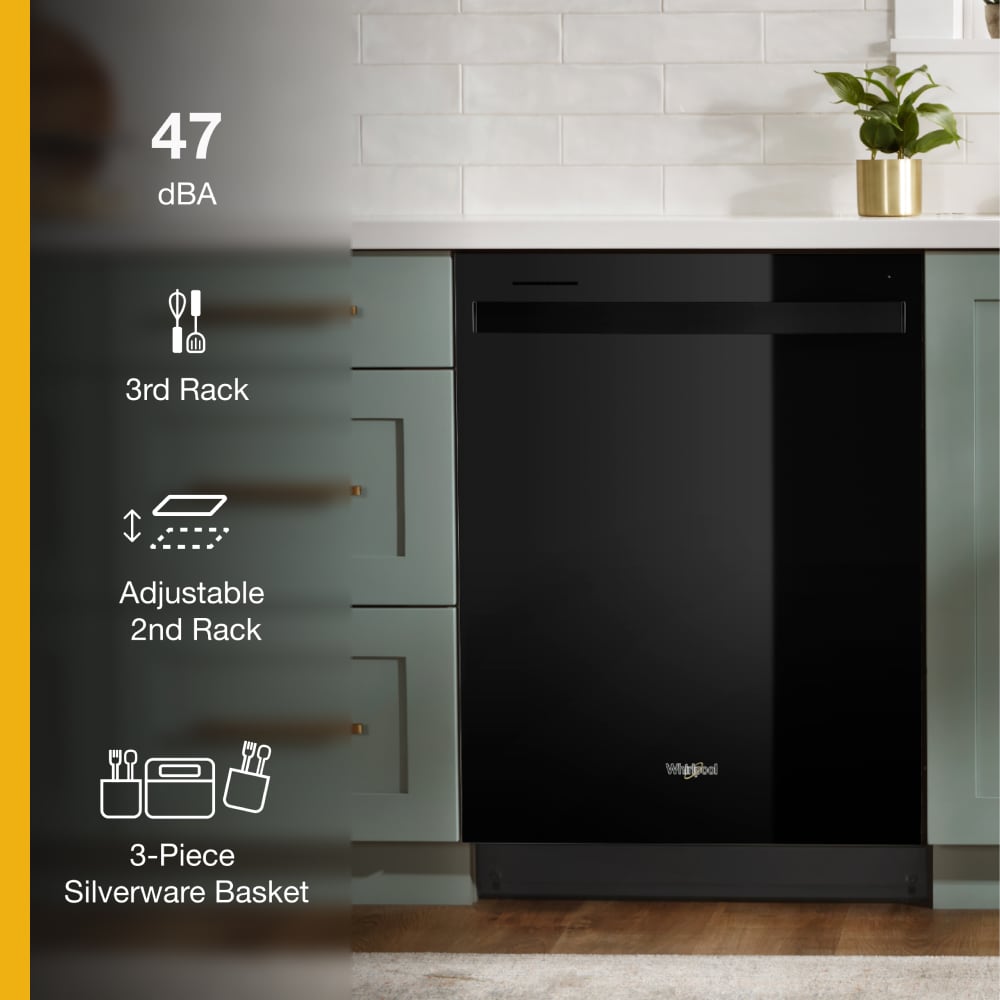 Lavavajillas Empotrable de Gran Capacidad de la Serie Eco de Whirlpool con Tercer Rack (Negro), Control Superior de 24 Pulgadas, Nivel de Ruido Muy Silencioso de 47 Decibeles WDT750SAKB