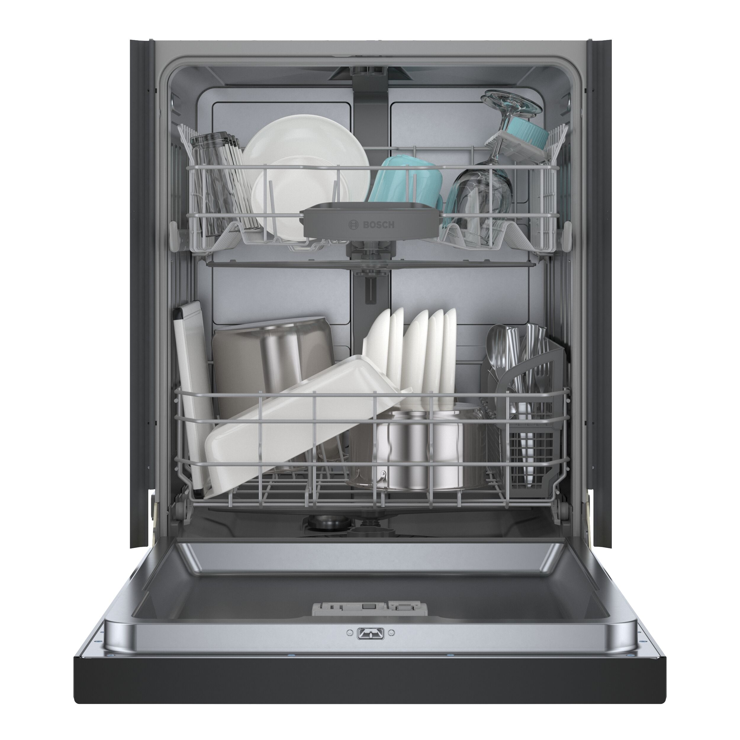 Lavavajillas empotrado Bosch Serie 100 de 24 pulgadas con control frontal (Negro), nivel de sonido muy tranquilo de 50 decibeles SHE3AEM6N.