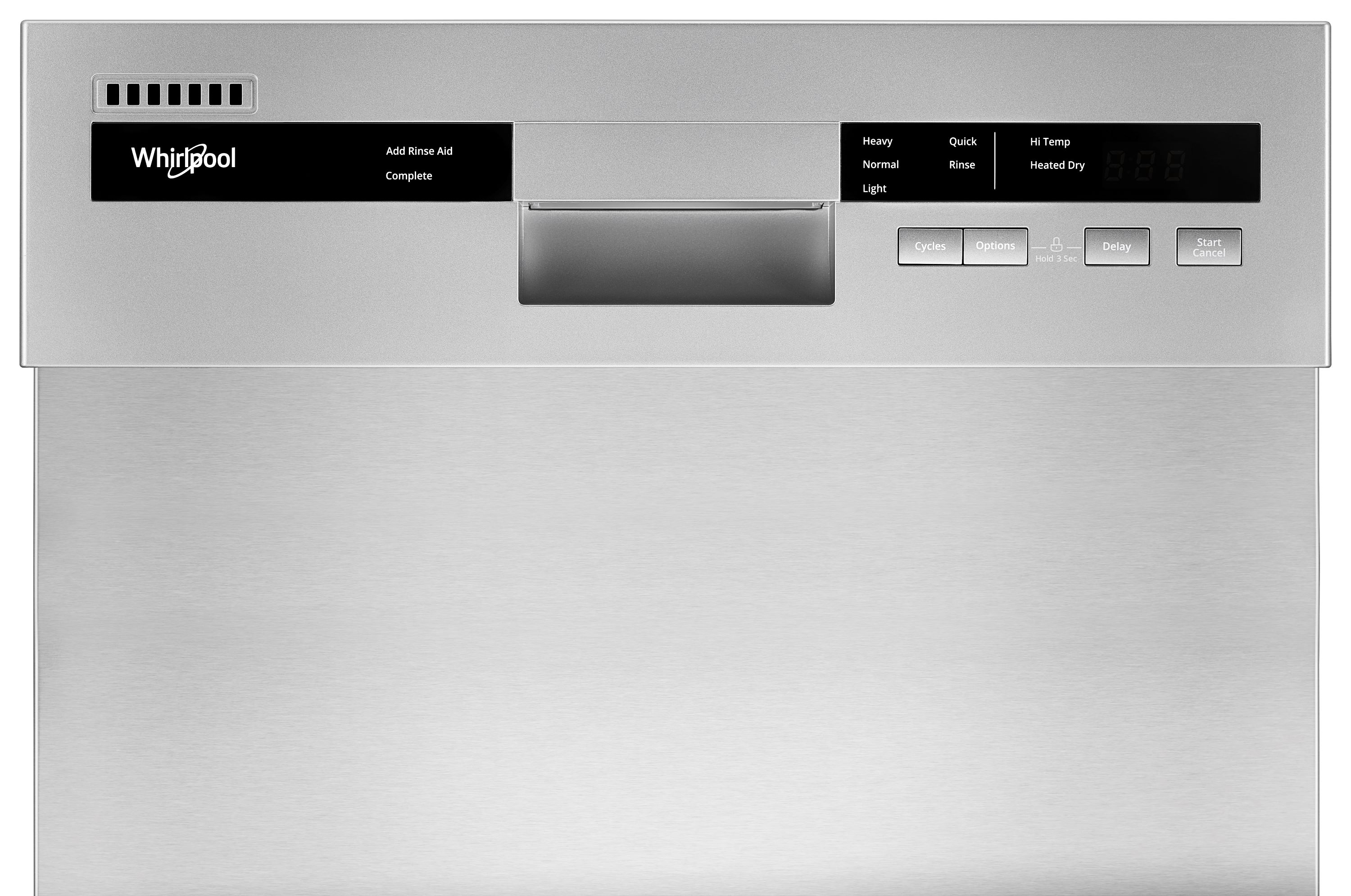 Lavavajillas empotrado Whirlpool de 18 pulgadas con controles frontales (Acero inoxidable monocrómico) certificado ENERGY STAR, nivel de ruido muy silencioso de 50 decibeles WDPS5118PM