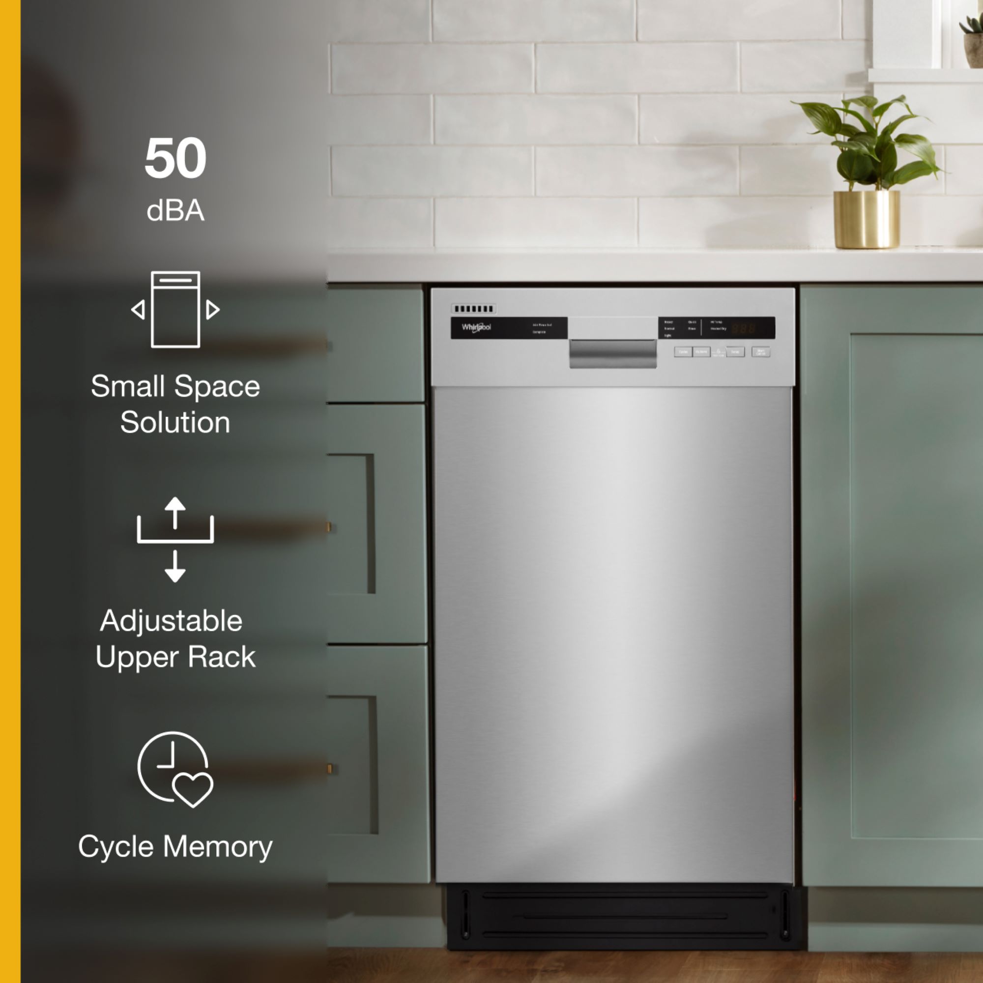 Lavavajillas empotrado Whirlpool de 18 pulgadas con controles frontales (Acero inoxidable monocrómico) certificado ENERGY STAR, nivel de ruido muy silencioso de 50 decibeles WDPS5118PM