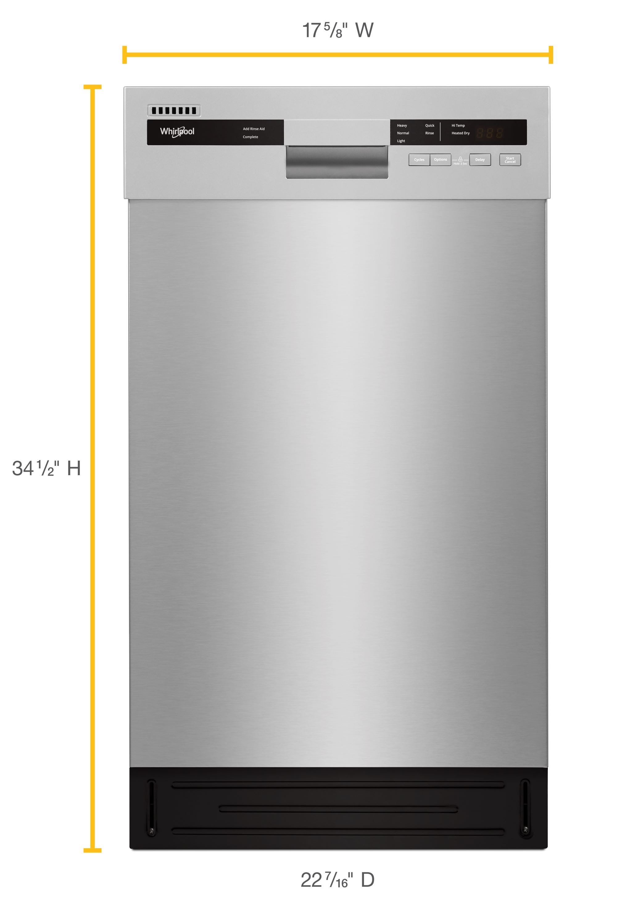 Lavavajillas empotrado Whirlpool de 18 pulgadas con controles frontales (Acero inoxidable monocrómico) certificado ENERGY STAR, nivel de ruido muy silencioso de 50 decibeles WDPS5118PM